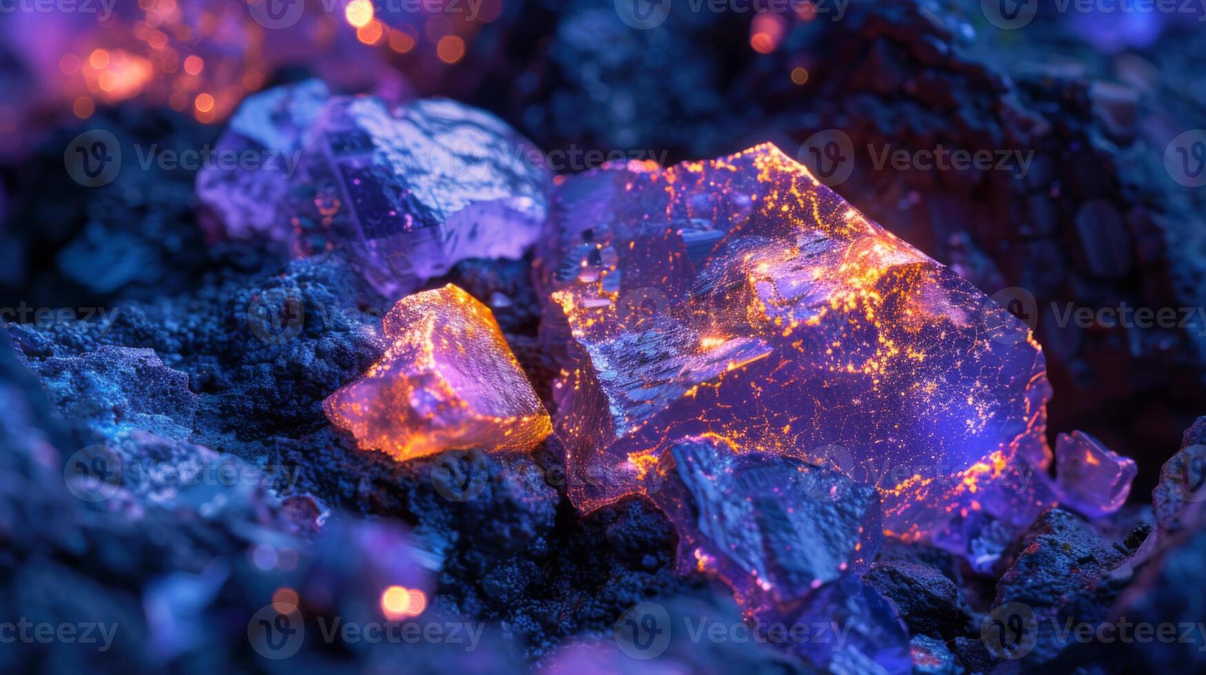 Brilliant crystals emit a radiant glow against a dark surface, capturing various hues and intricate details. This stunning display highlights natural beauty in a nighttime setting. photo