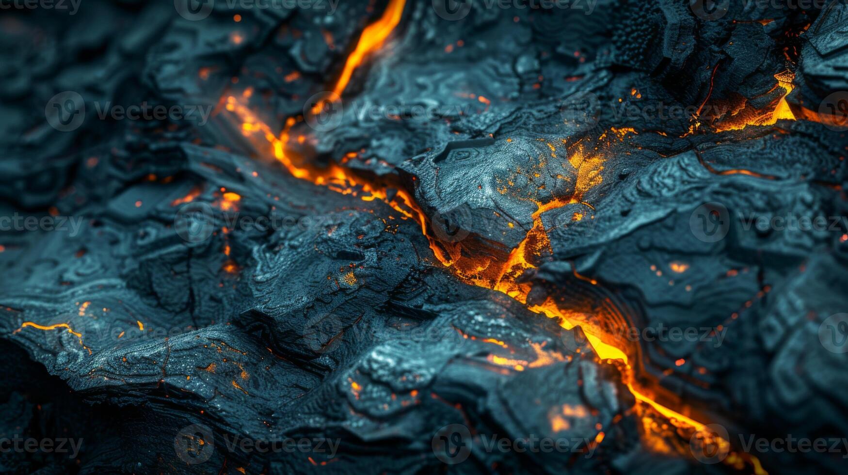 Glowing lava streams snake through the dark, rugged volcanic rock, highlighting unique textures and patterns in a mesmerizing display of nature's raw power during the evening hours. photo