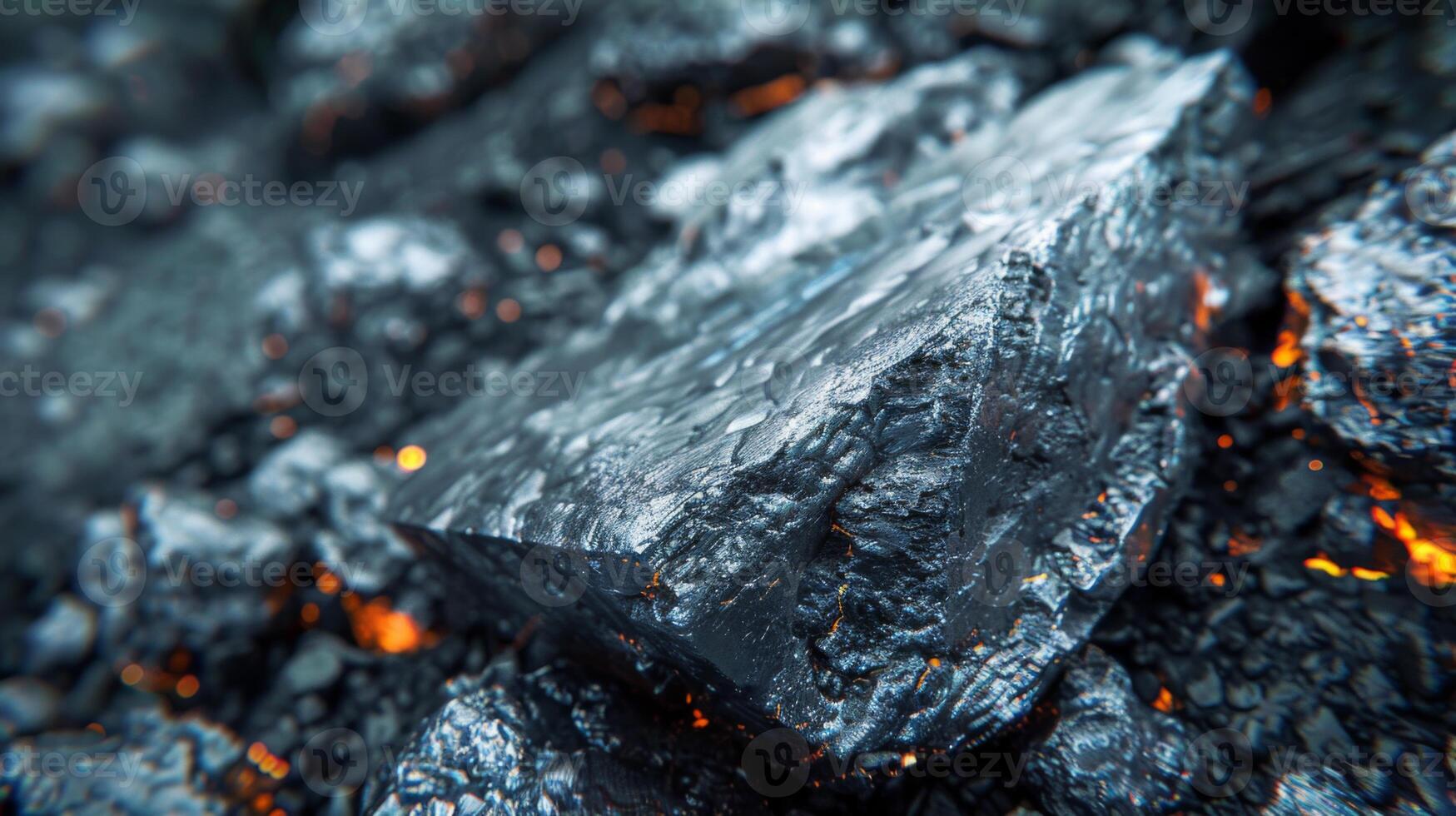 A shiny piece of charcoal is highlighted against a backdrop of glowing embers, creating a warm ambiance in a fireplace during a chilly evening setting. photo
