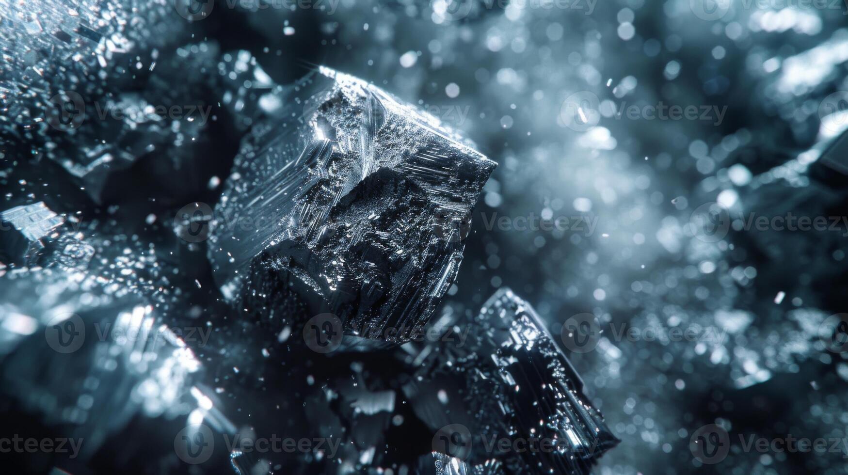 A captivating display of shiny metallic crystals reflecting light and showcasing their intricate textures against a blurred backdrop, creating an ethereal atmosphere filled with brilliance. photo
