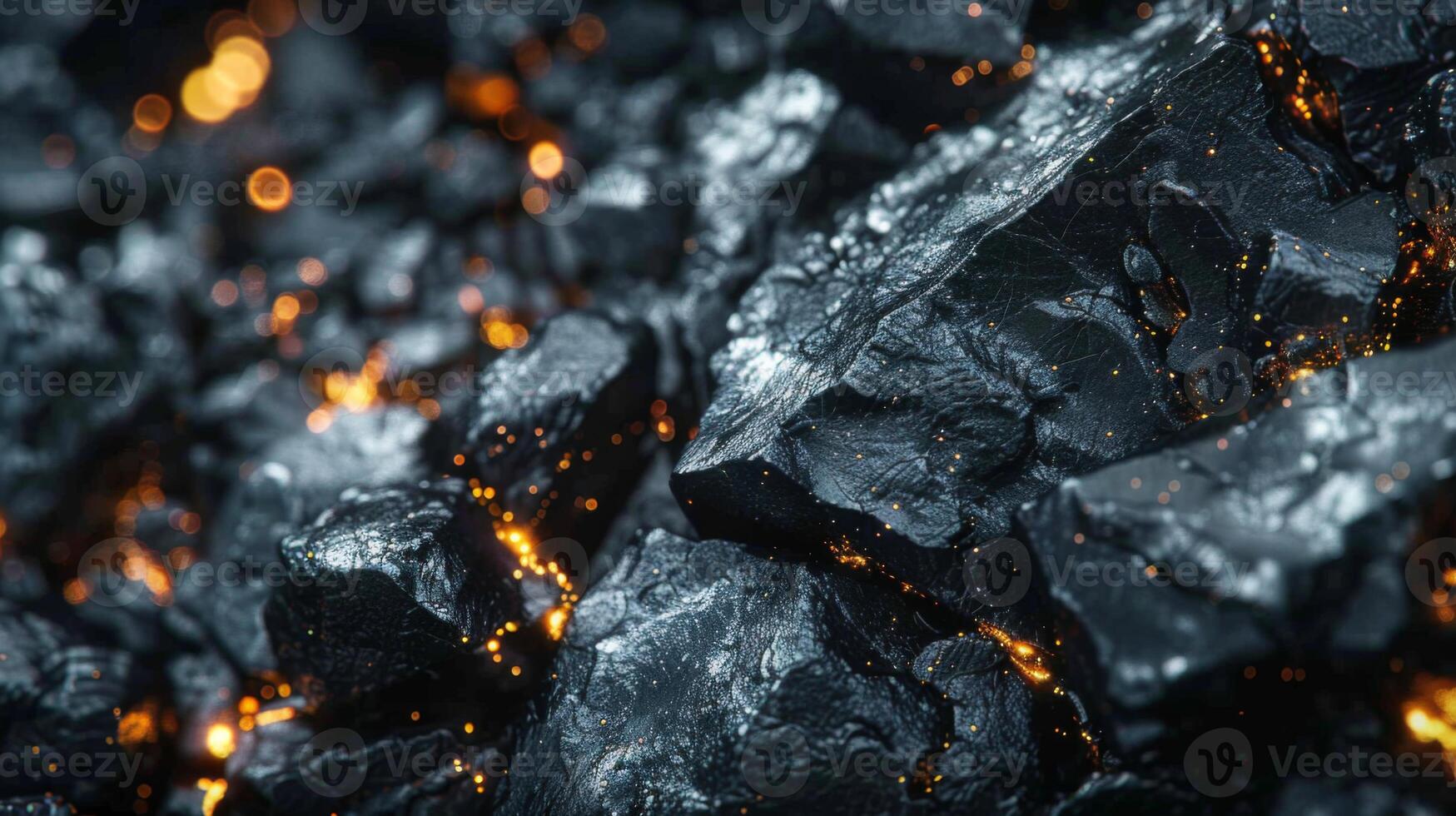 Close up view of a dark coal surface illuminated by glowing orange embers, highlighting the textures of the coal and the warm light created in a low light environment. photo
