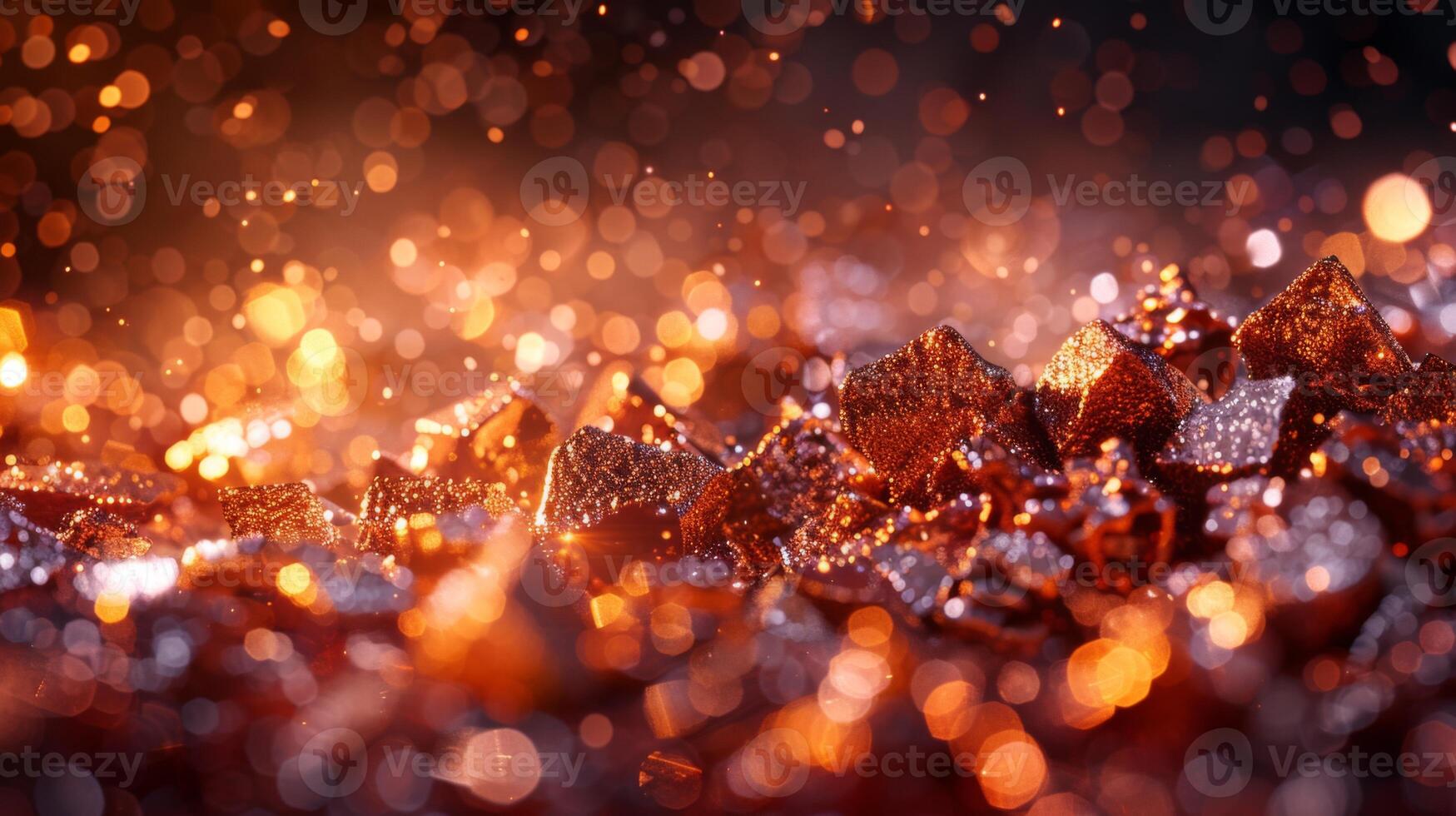 Shimmering crystals scattered across a surface capture warm tones of orange and gold, creating an enchanting visual effect in a softly illuminated environment, evoking a sense of magic. photo