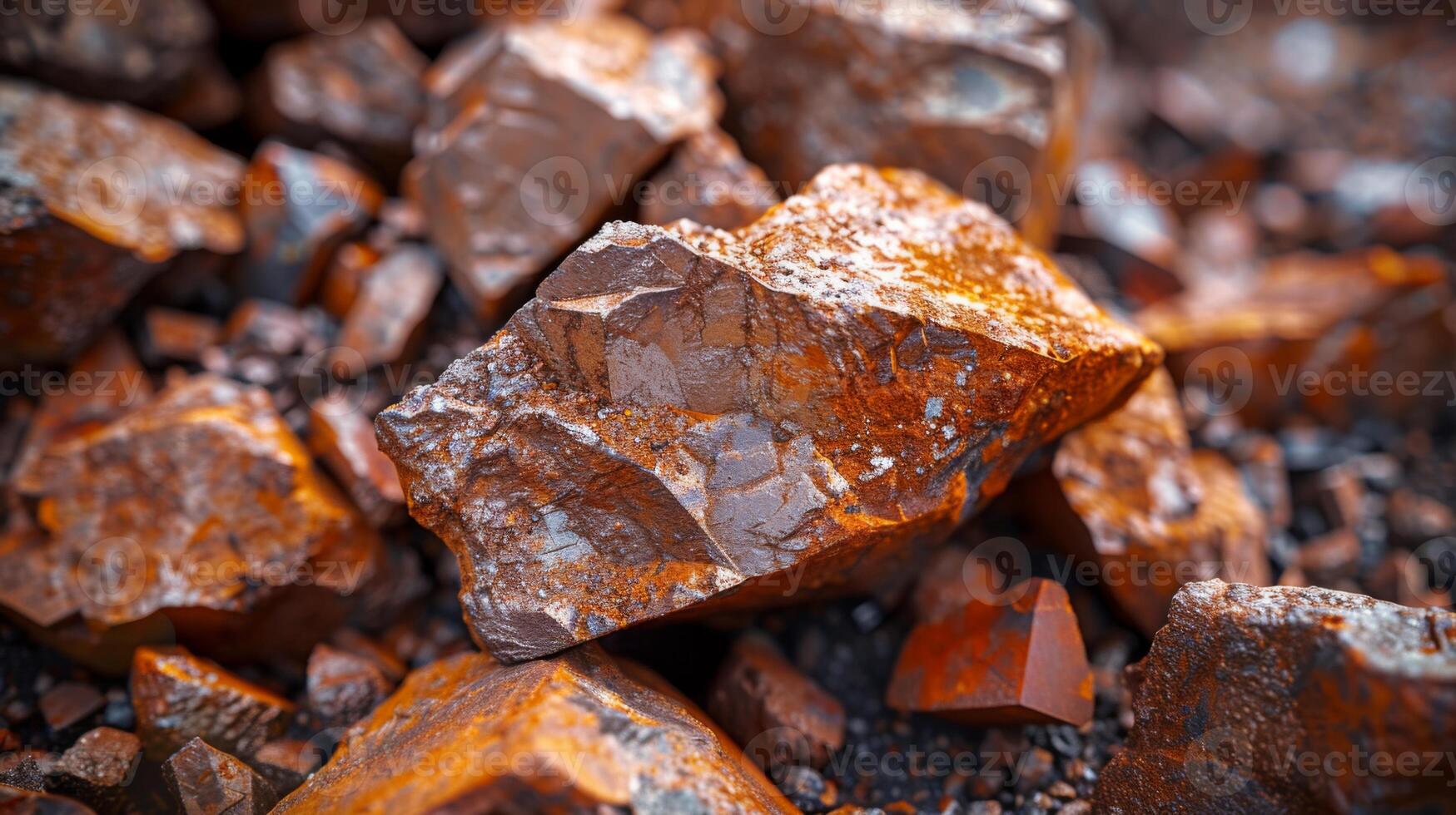 Shimmering mineral rocks with a rich orange and brown hue lie scattered on a rough ground. Sunlight emphasizes their distinct shapes and textures, highlighting natural beauty. photo