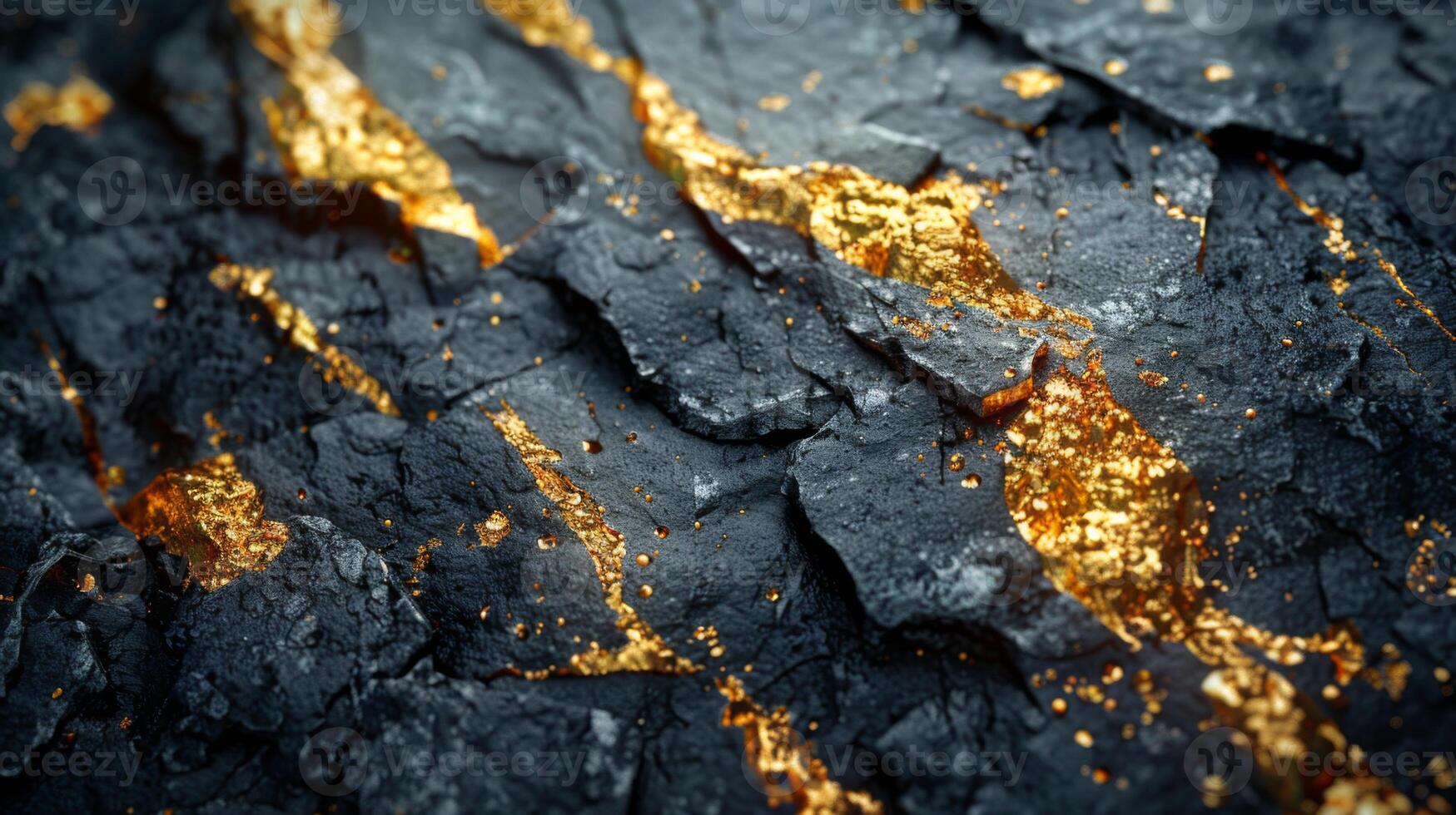 Textured rock surface displays shimmering gold like streaks against dark, rough terrain, creating a striking contrast that highlights natural beauty in a subdued light setting. photo