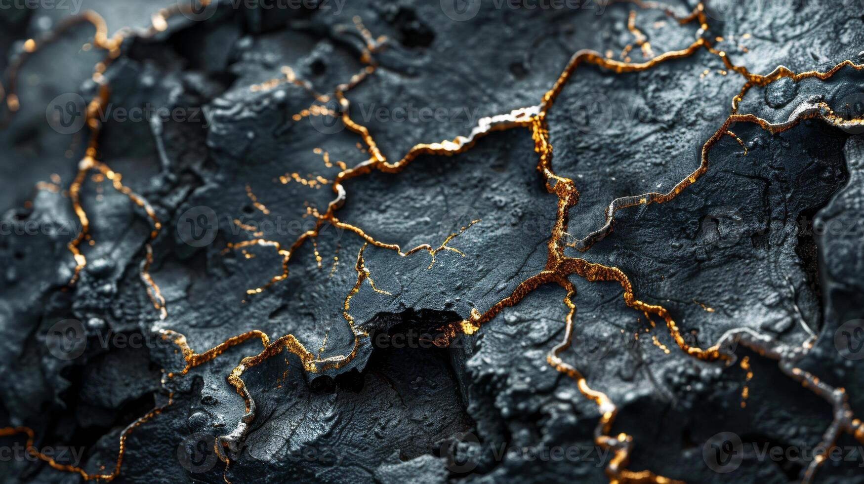 Dark, cracked surface reveals intricate patterns highlighted by golden lines, illustrating the fusion of light and shadow in a textured environment. photo