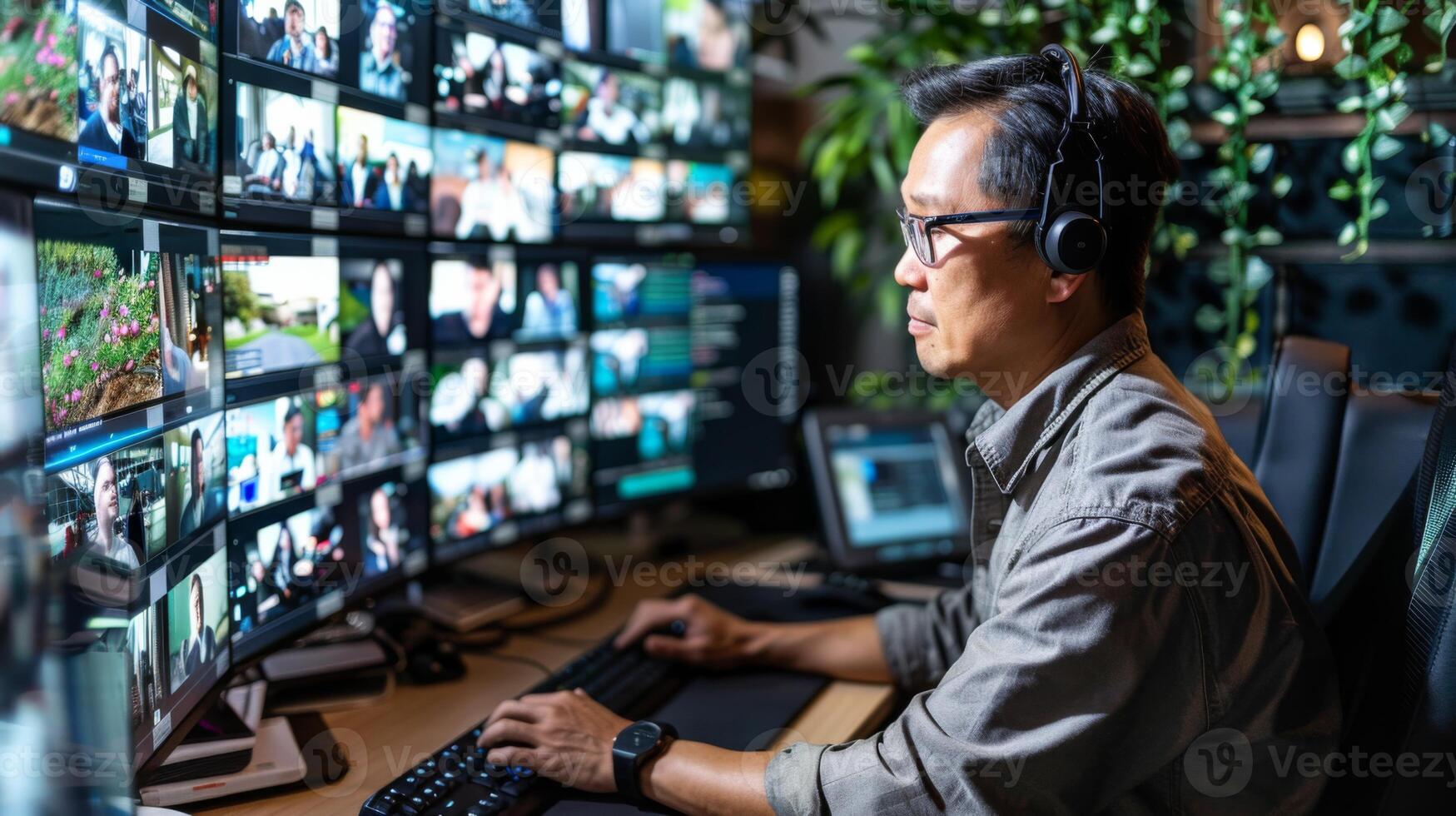 An individual focused on managing a virtual event, surrounded by multiple screens displaying various feeds, engaged in coordinating and monitoring the broadcast. photo