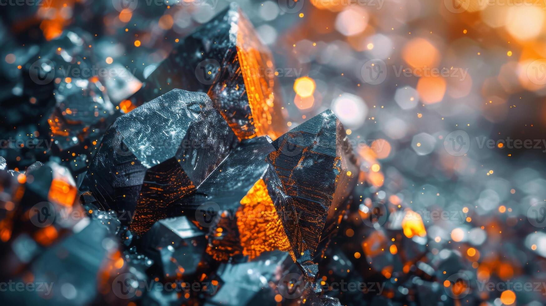 Brightly colored mineral crystals catch the light, revealing their sharp edges and multifaceted surfaces. The warm glow adds depth and highlights their unique structures beautifully. photo