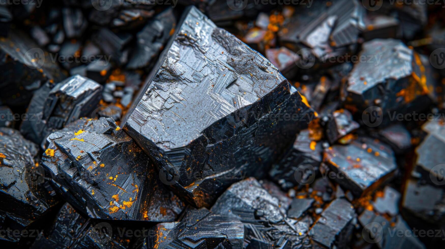 Black crystals are clustered together, showcasing sharp edges and reflective surfaces enhanced by patches of orange. The intricate textures reveal the natural beauty of these minerals. photo