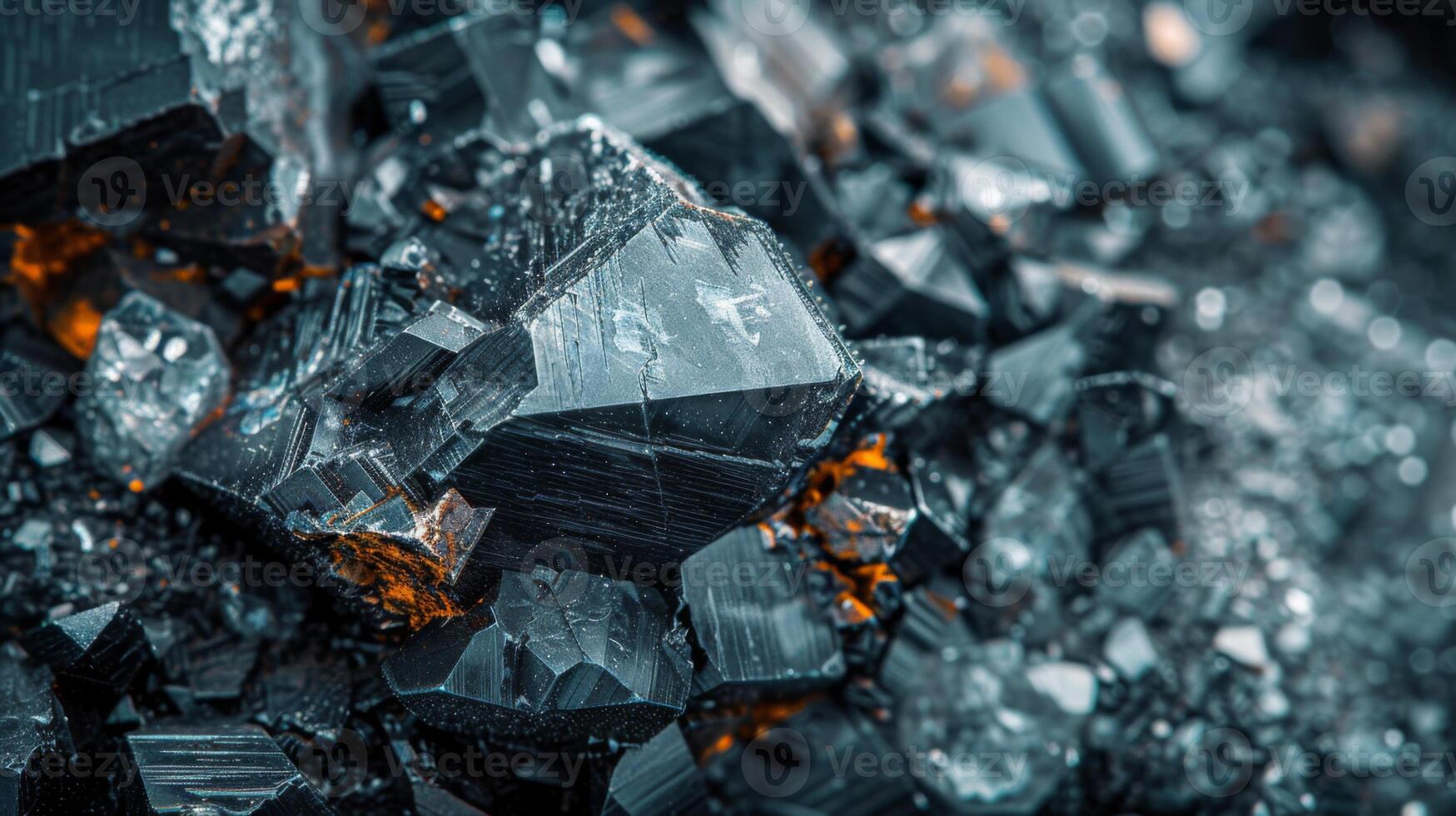 Close up view highlights the intricate details and sharp edges of black tourmaline crystals, revealing their natural beauty against a dark background, emphasizing their structure. photo