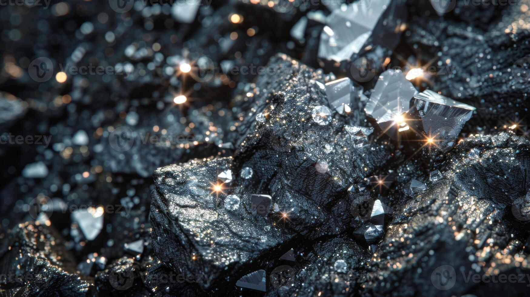 Bright crystals are scattered across a dark mineral surface, reflecting light in a mesmerizing display of textures and colors. The scene evokes a feeling of natural beauty and deep Earth. photo
