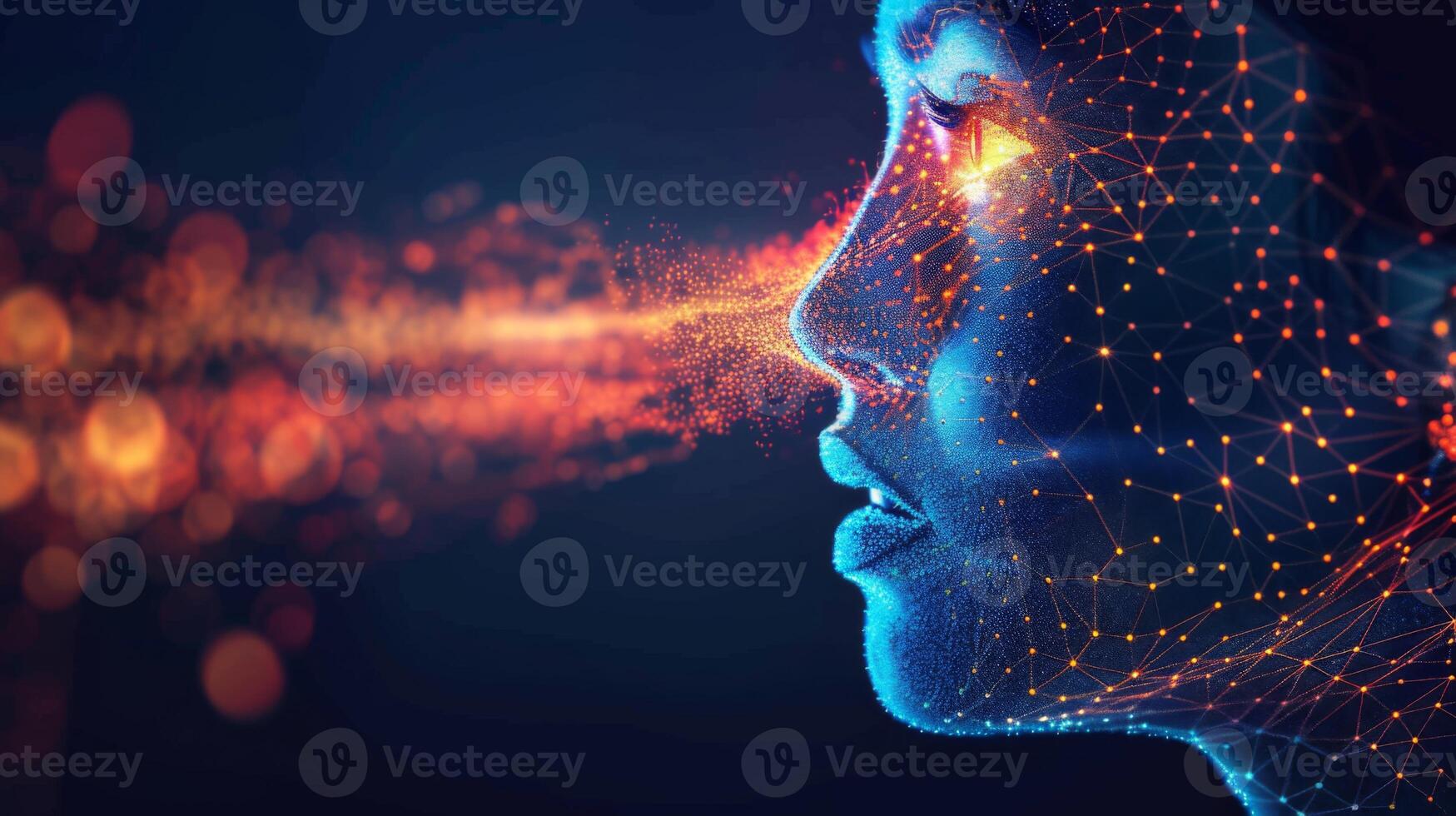 A womans profile is portrayed with luminous connections and particles flowing from her mouth and nose, symbolizing the fusion of digital technology and human creativity. photo