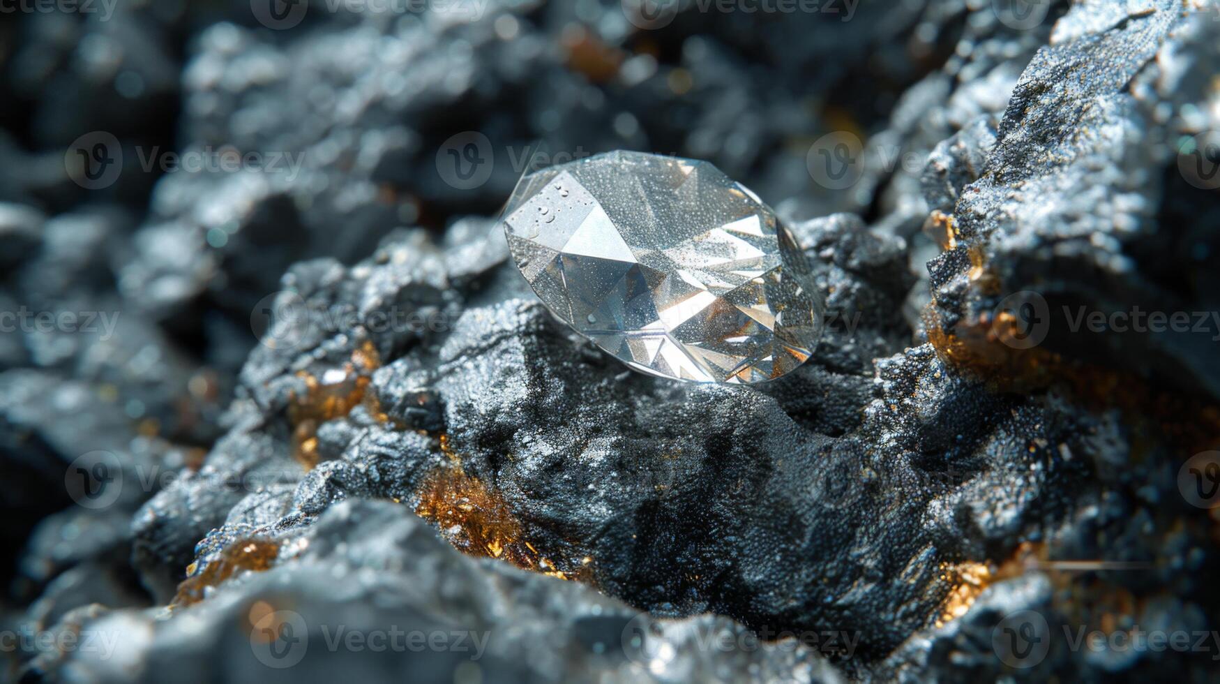 A clear diamond sits prominently on a bed of rough black and shiny gold minerals, highlighting the beautiful contrast between the gem's clarity and the textured surface beneath it. photo