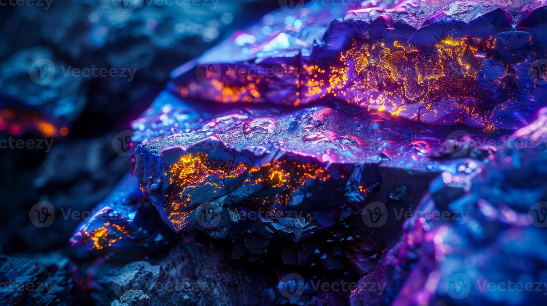 Unique mineral formations glimmer in shades of purple and orange, revealing intricate textures and patterns in a mystical underground setting filled with natural beauty. photo