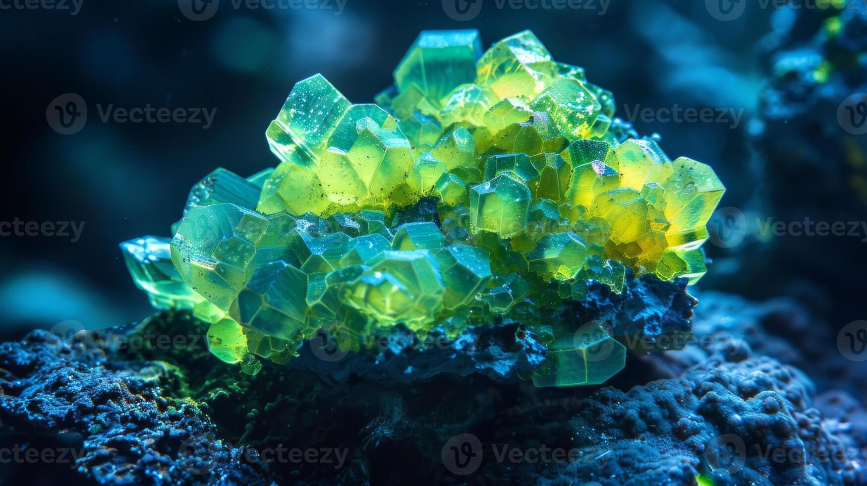 A striking cluster of bright green crystals is prominently displayed against a textured dark rock surface, revealing intricate shapes and vibrant colors under water. photo