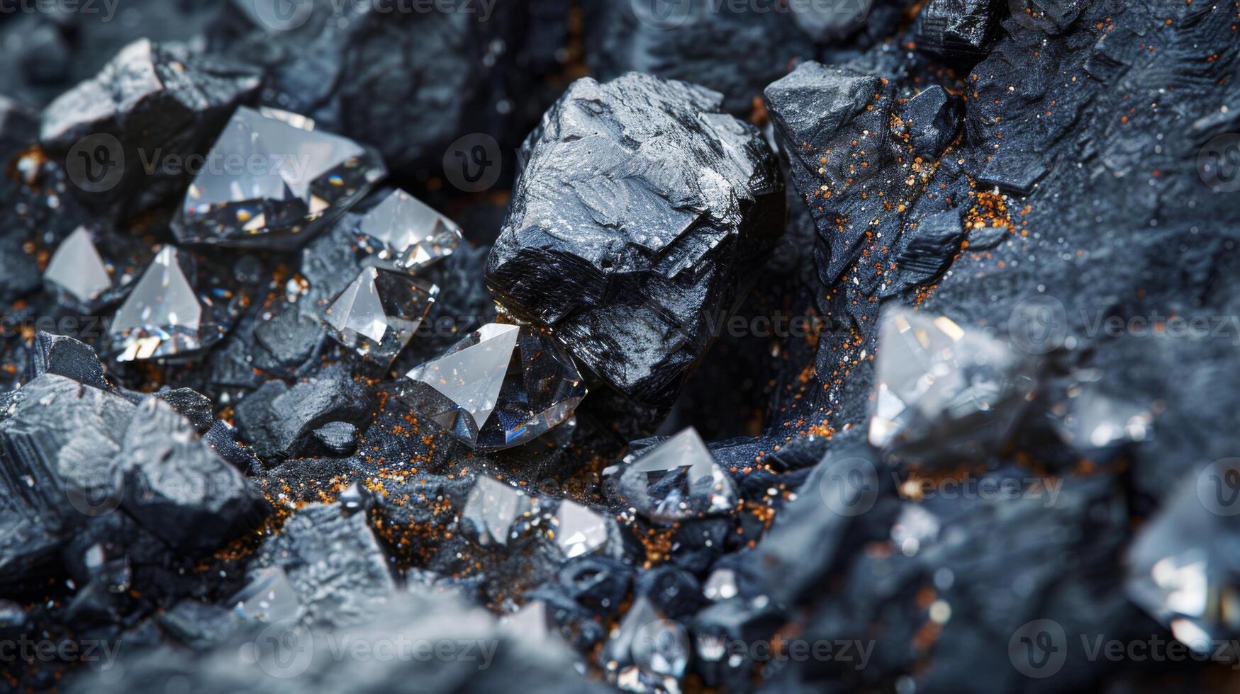 A stunning natural arrangement of sparkling crystals and dark stones creates a captivating visual display in a rocky terrain, highlighting the beauty of geological formations. photo