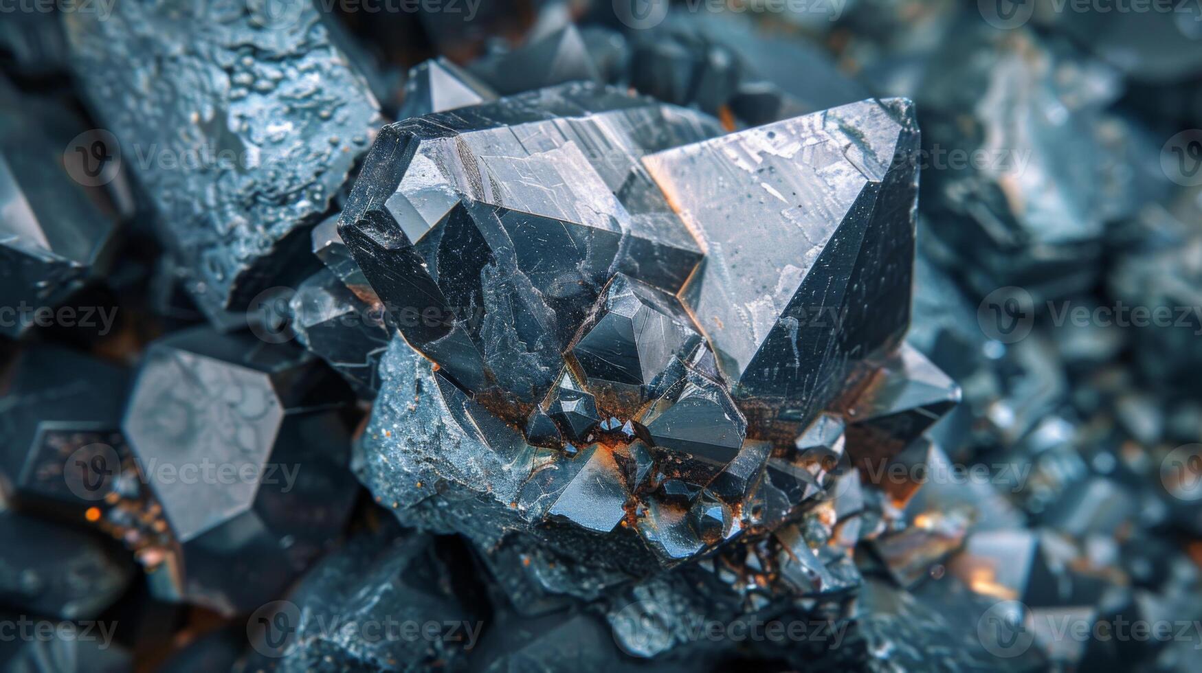A cluster of black crystals exhibits striking geometric shapes and shimmering surfaces, revealing intricate details of their natural formation, surrounded by rocky materials. photo