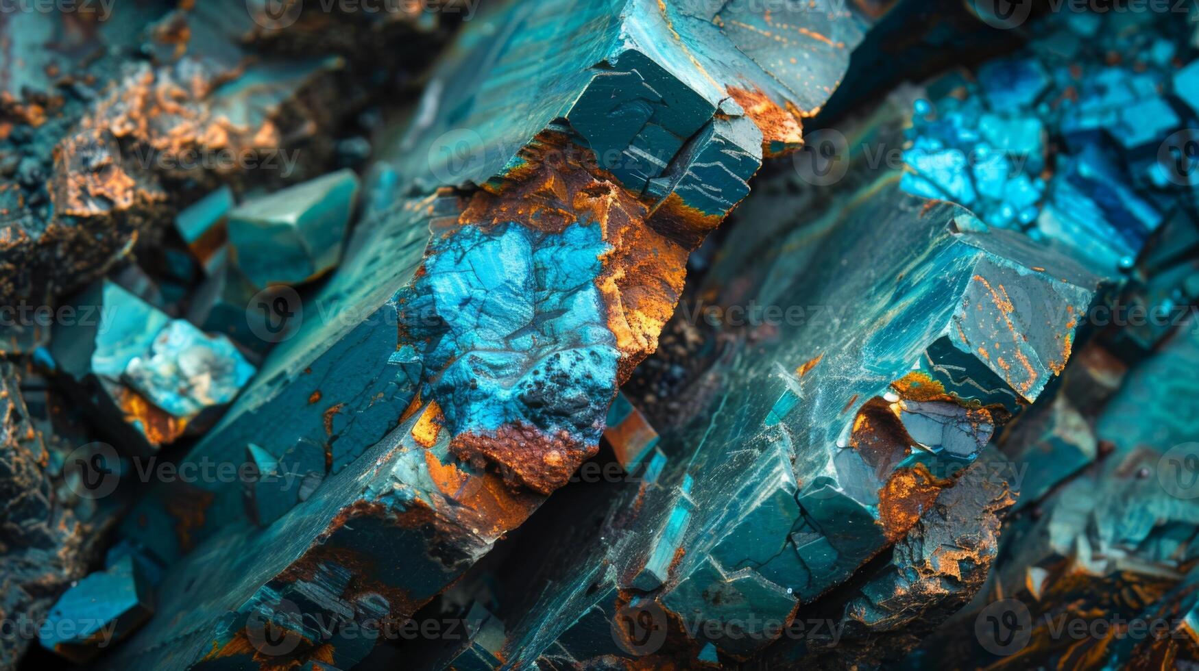 Close up of vibrant mineral formations in bright blue and orange, showcasing unique textures and reflective surfaces that highlight nature's artistry. photo