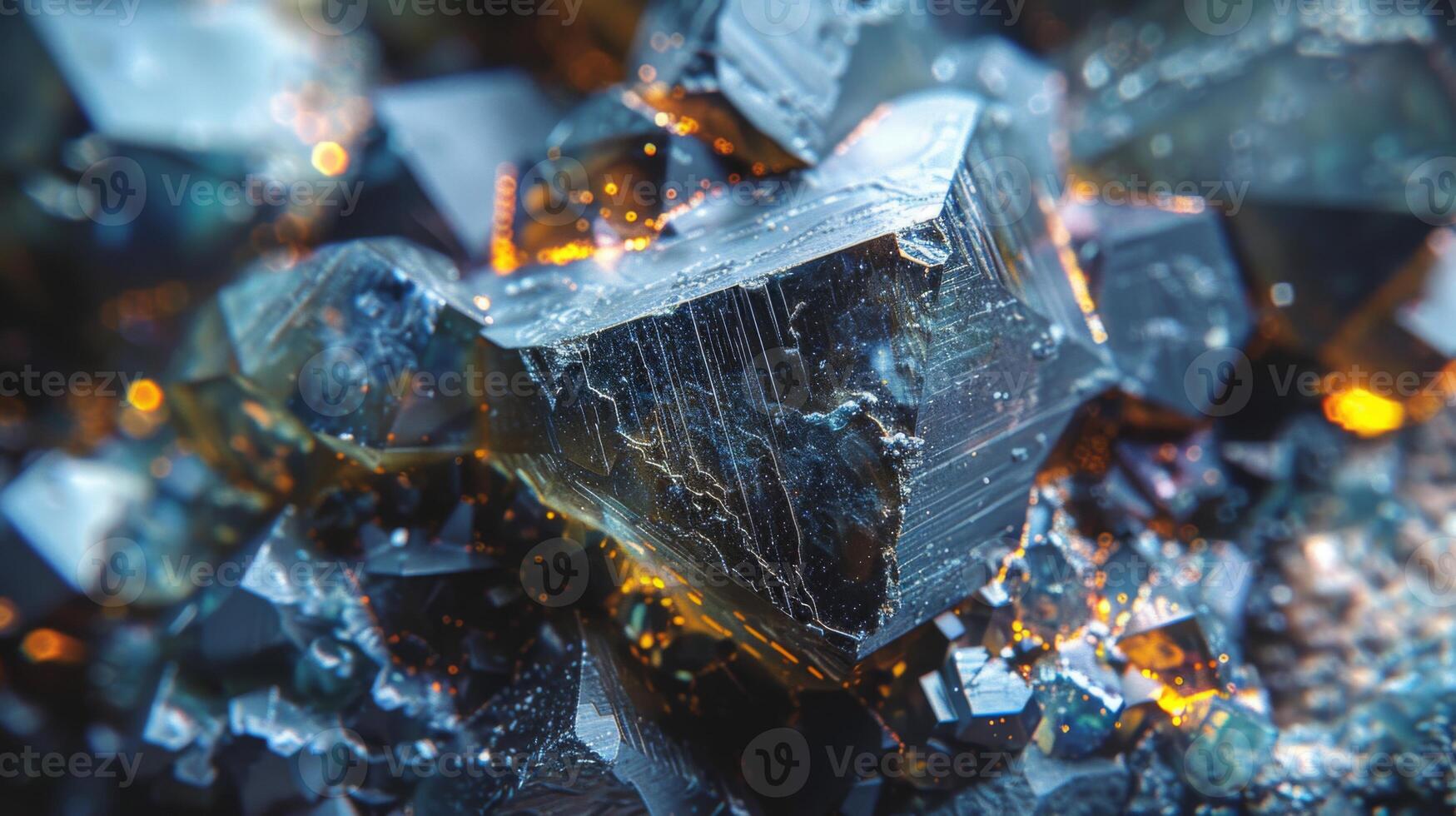 Close up of a stunning crystal formation displaying sharp edges and reflective surfaces, illuminated by bright light, revealing intricate textures and colors photo