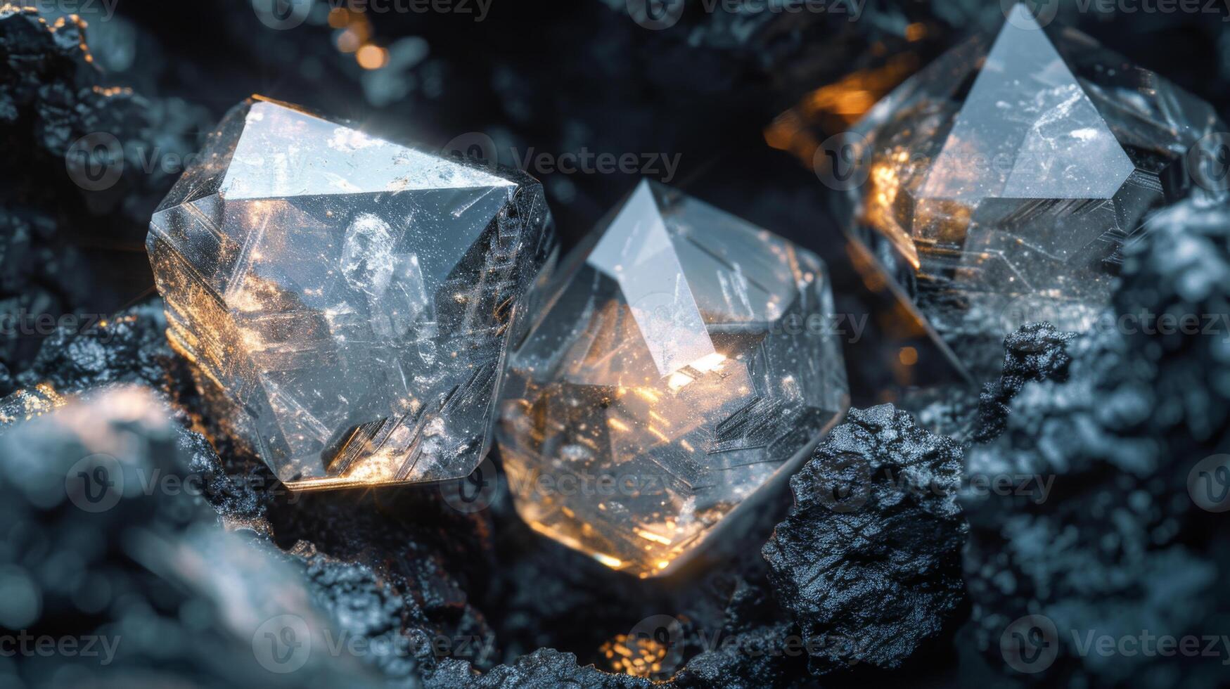 Three stunning quartz crystals, clear and sparkling, emerge from a bed of dark volcanic rock, surrounded by a warm, glowing light that highlights their intricate facets. photo