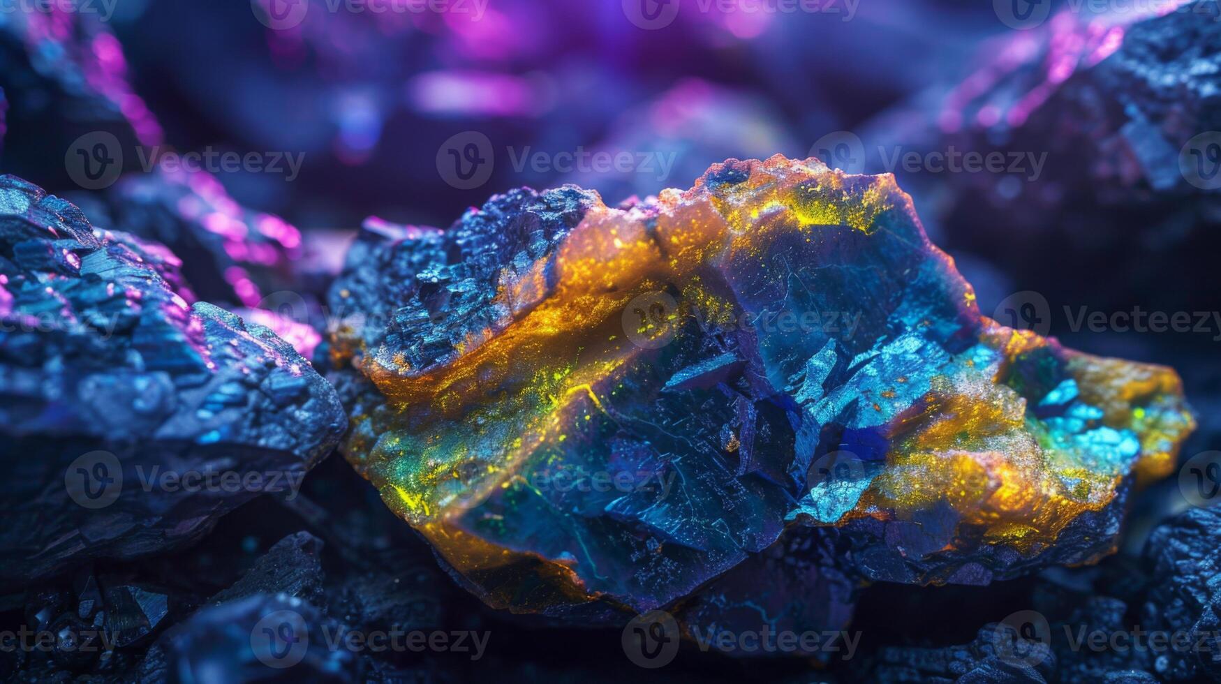 Brightly colored mineral crystals showcase blues, greens, and golds, glowing vividly amidst dark, rough rocks. The interplay of light highlights their unique textures and patterns. photo