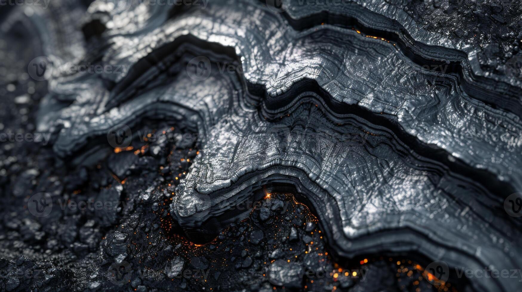 Intricate layers of metallic rock showcase their unique structure and texture, highlighted by glowing elements amidst a dark, rocky background in a natural setting. photo