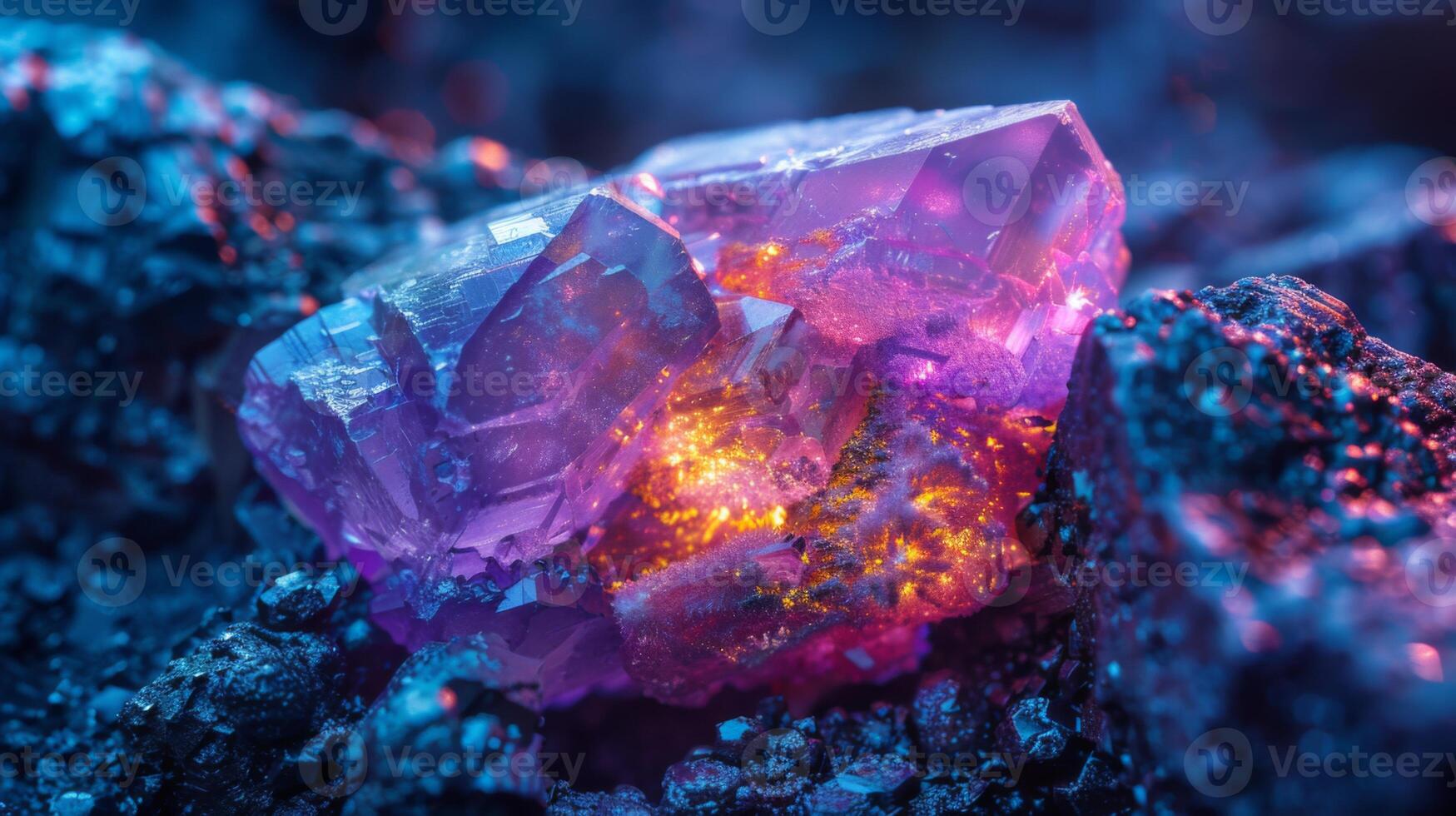 The vibrant crystal cluster displays shades of purple and orange, emerging from a rough, dark rock surface, creating a captivating contrast in natural light. photo