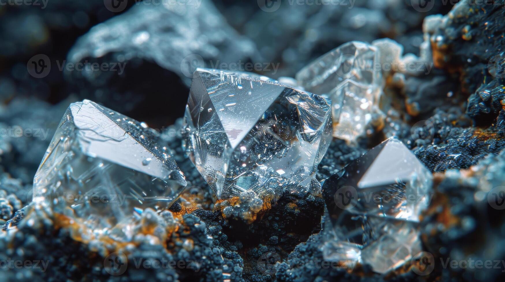 Shimmering transparent crystals are nestled among dark rocky textures, reflecting light vividly in a natural outdoor setting during the daytime. photo