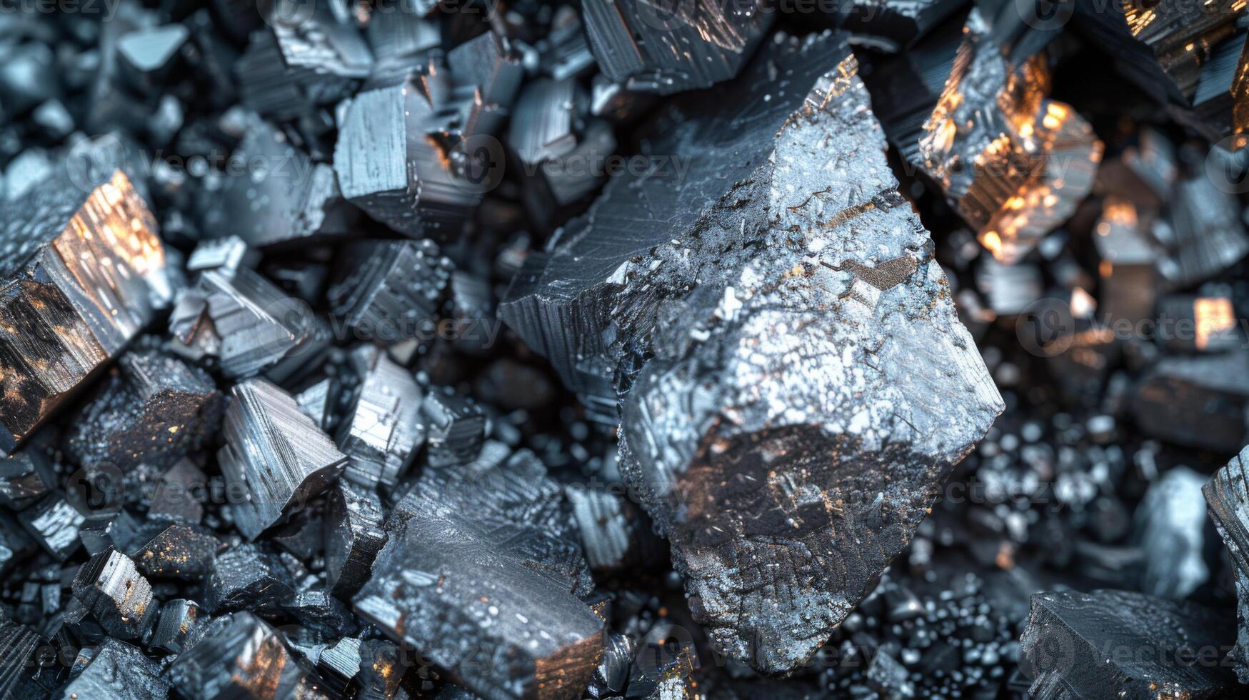 Detailed view of metallic mineral crystals displaying distinctive geometric shapes and reflective surfaces, illuminated by ambient light in a subterranean environment. photo
