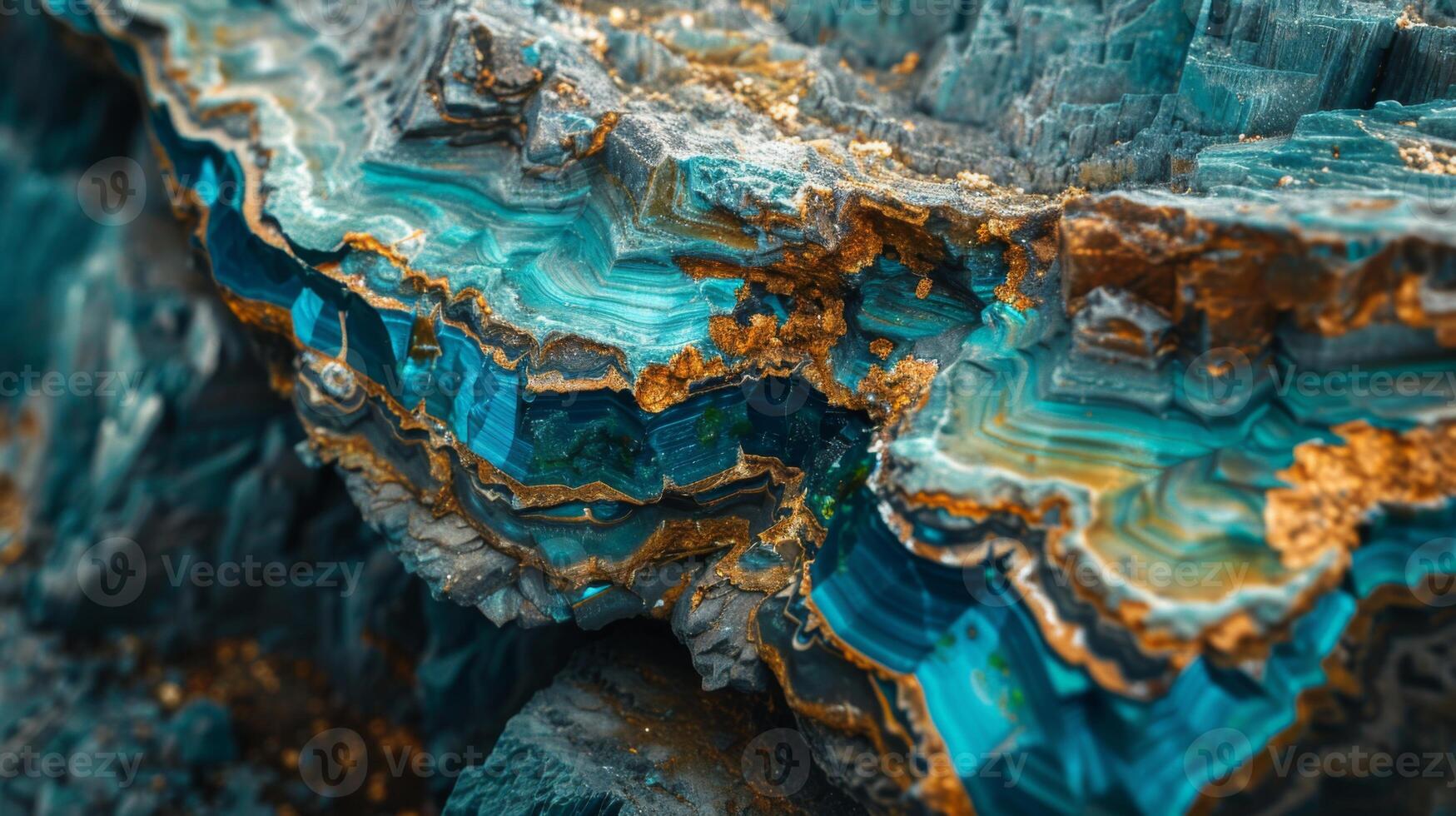 The striking mineral formation features rich blue and green hues with golden accents, revealing intricate layers naturally formed over time in a geological setting. photo