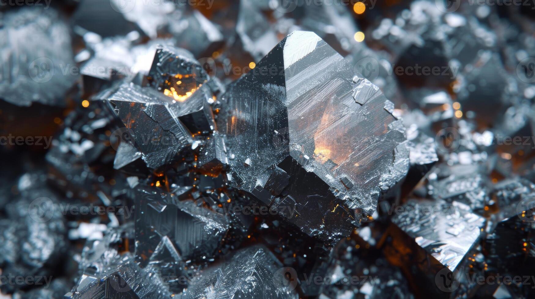 This display features an exquisite formation of metallic minerals with sharp crystal outlines, illuminated by warm lighting, highlighting their unique textures and sparkling surfaces. photo