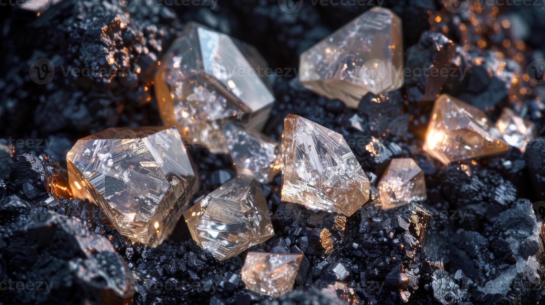 Shimmering crystals are scattered across a rough, dark mineral surface, reflecting light and creating a captivating display of textures and shapes in natural illumination. photo