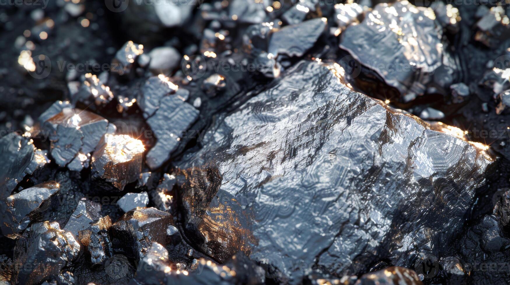 Close up view of metallic minerals showcasing shiny fragments with varied textures and reflective surfaces, illuminated by natural light, creating striking patterns. photo