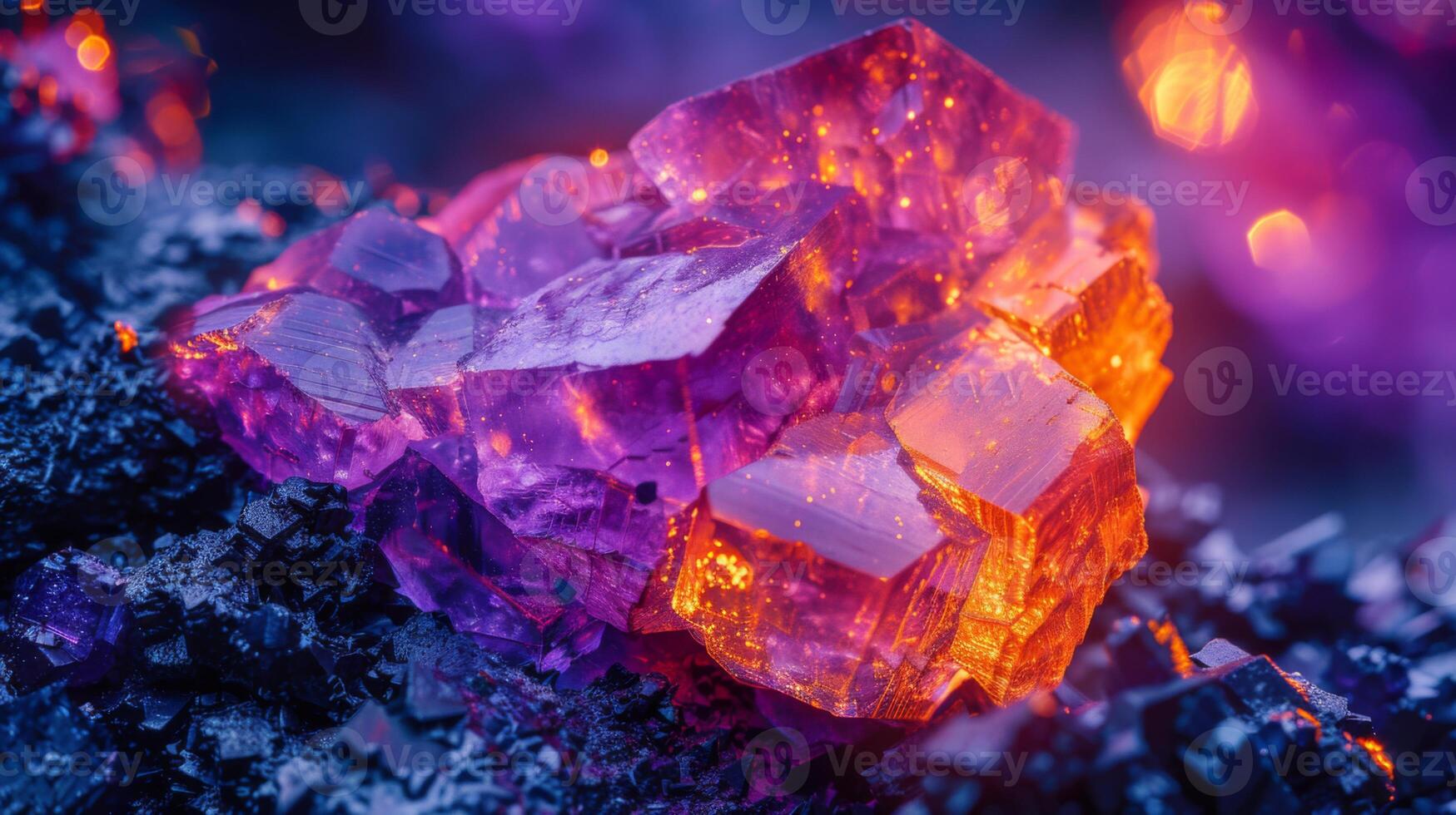 Close up view of a stunning mineral cluster showcasing sharp purple and orange crystals resting on a dark surface, illuminated by a vibrant light effect, creating a mystical ambiance. photo