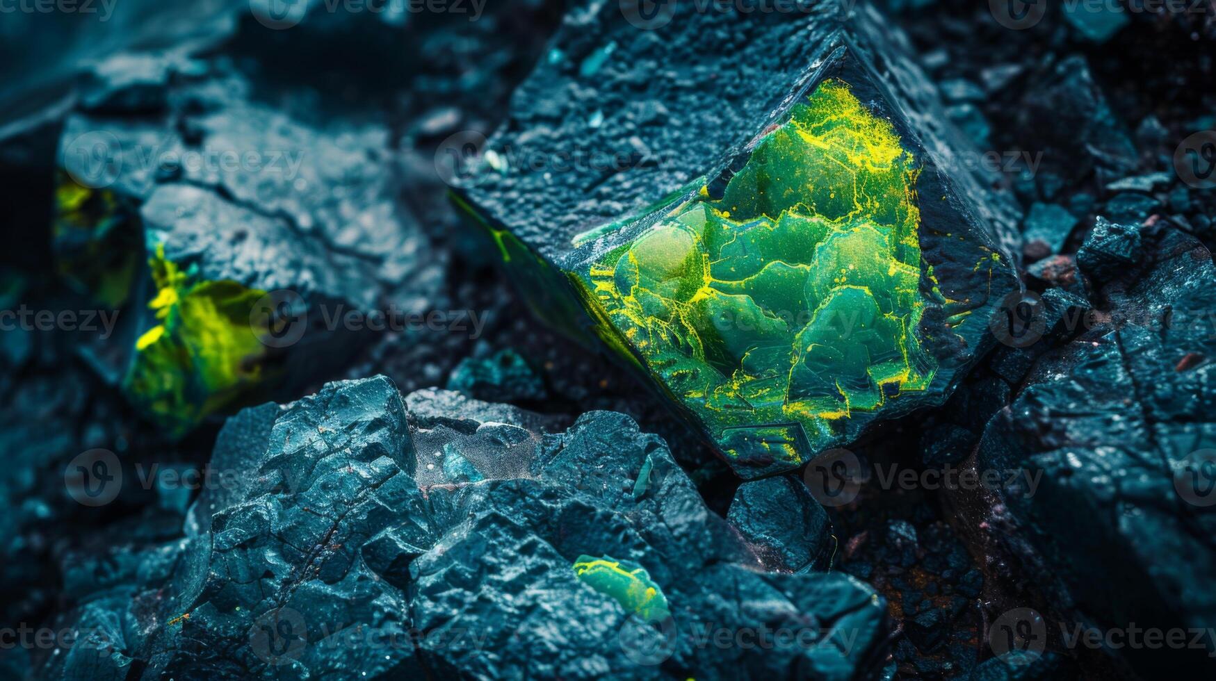 Fascinating mineral cluster showcases bright green luminescence amidst dark, textured rocks, presenting an intriguing contrast in a natural environment under daylight. photo