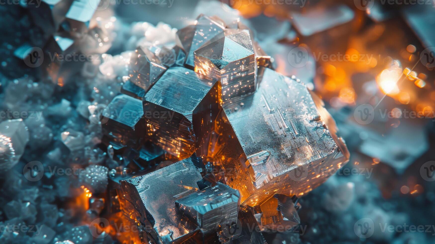 Bright orange light interacts with various geometric crystal shapes, creating a captivating display of reflections and textures in a detailed abstract formation. photo