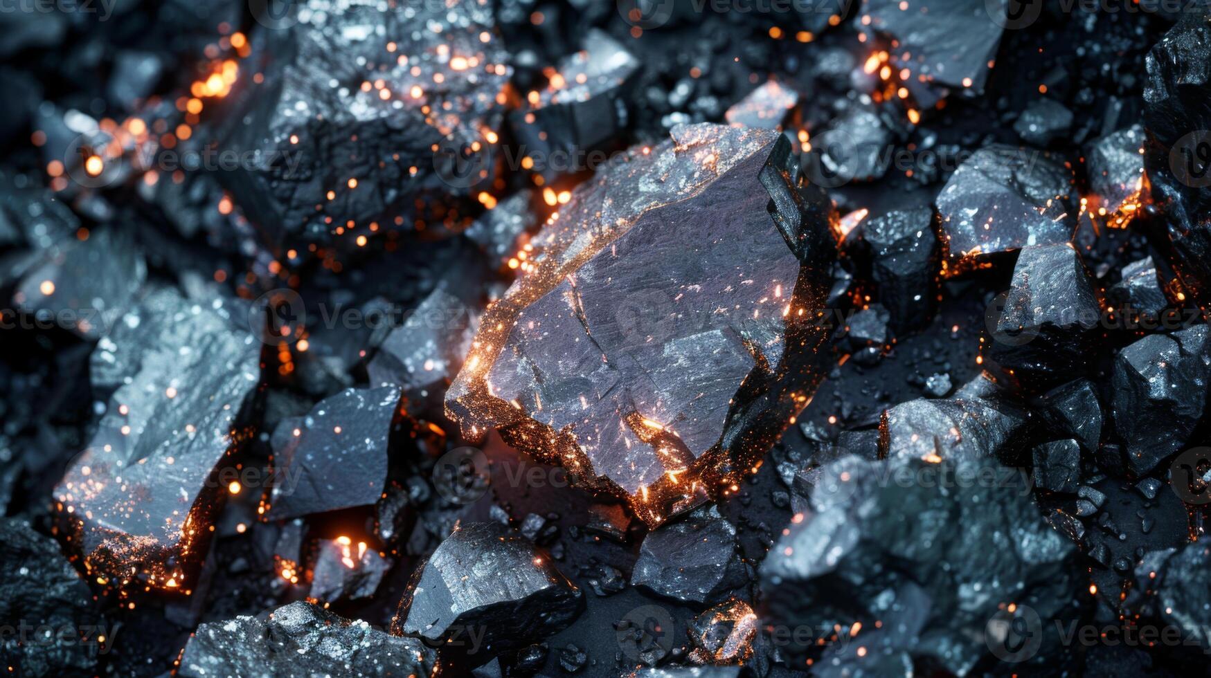 A close up view highlights the intricate textures of dark stones, revealing luminous particles scattered throughout, creating an enchanting visual effect at dusk. photo