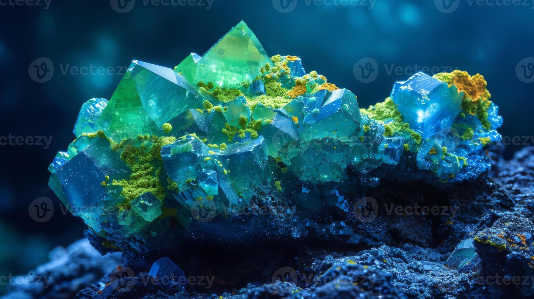 A captivating mineral cluster showcases sharp green and blue crystals adorned with bright yellow lichen. Soft blue light enhances its natural beauty in an underwater like environment. photo