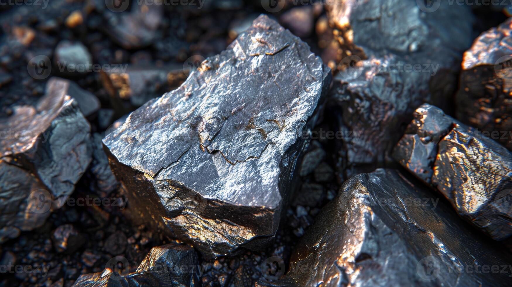 Chunks of coal are scattered on a rocky surface, reflecting sunlight with their glossy textures. The natural features highlight their mineral composition in a rugged environment. photo