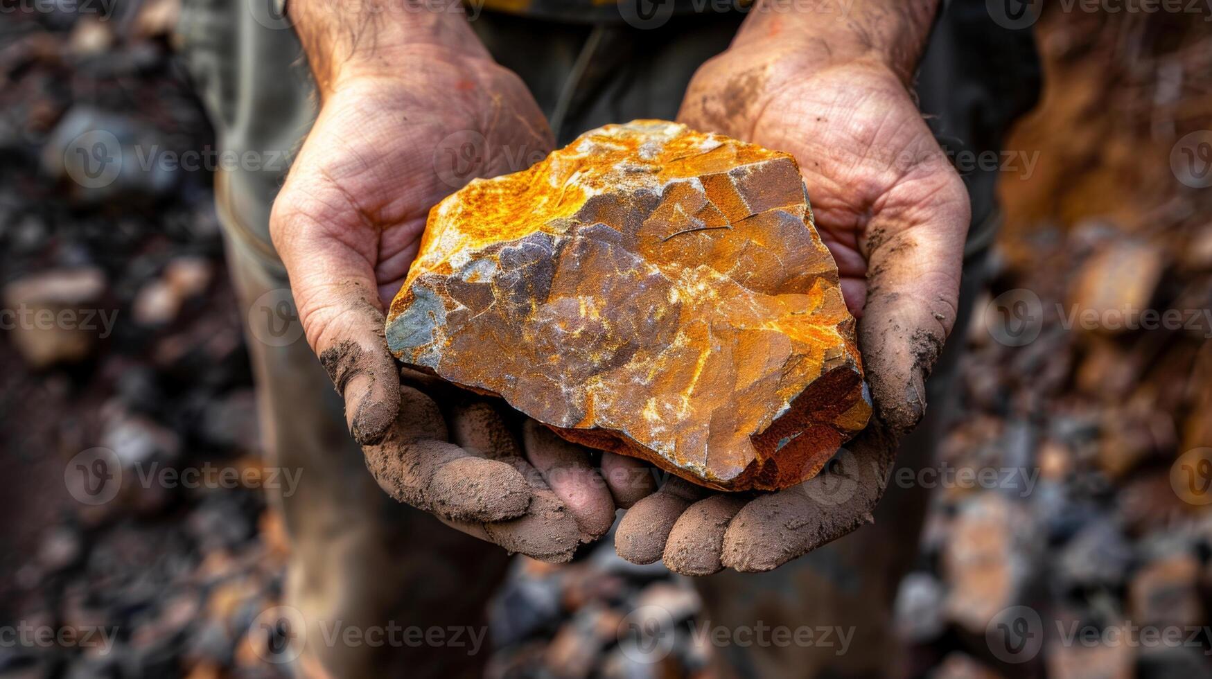 A miner displays a large orange rock, showcasing its striking colors and textures. The setting is an active mining site, with earth and rubble surrounding the worker's hands. photo