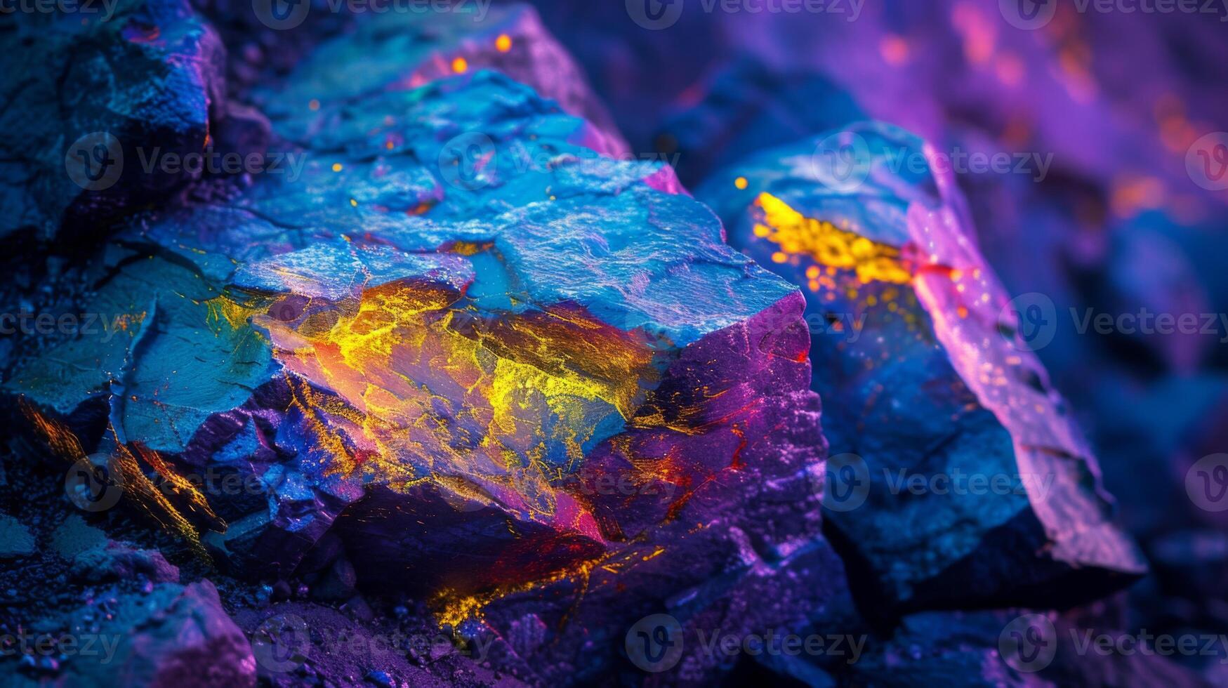Vibrant minerals with an array of colors display their unique textures under light, highlighting their natural beauty and geological significance in a stunning setting. photo