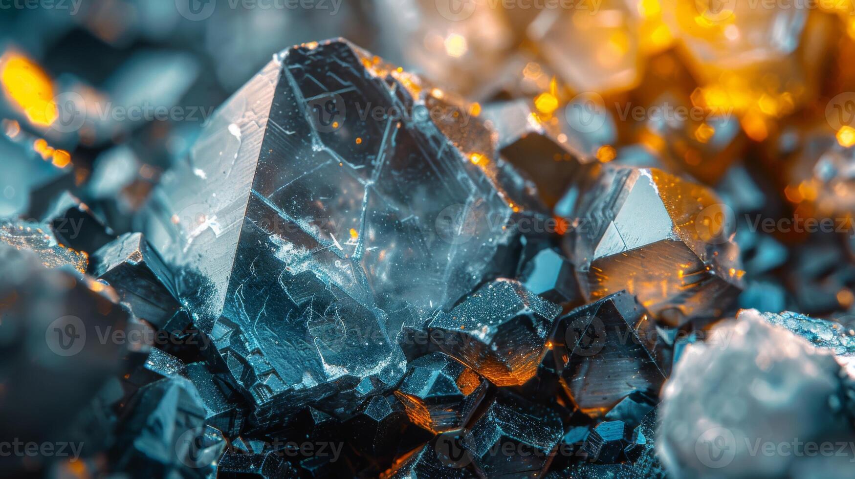 Shimmering mineral crystals display intricate formations and vibrant reflections in a natural landscape, showcasing the beauty of geological wonders under soft daylight. photo