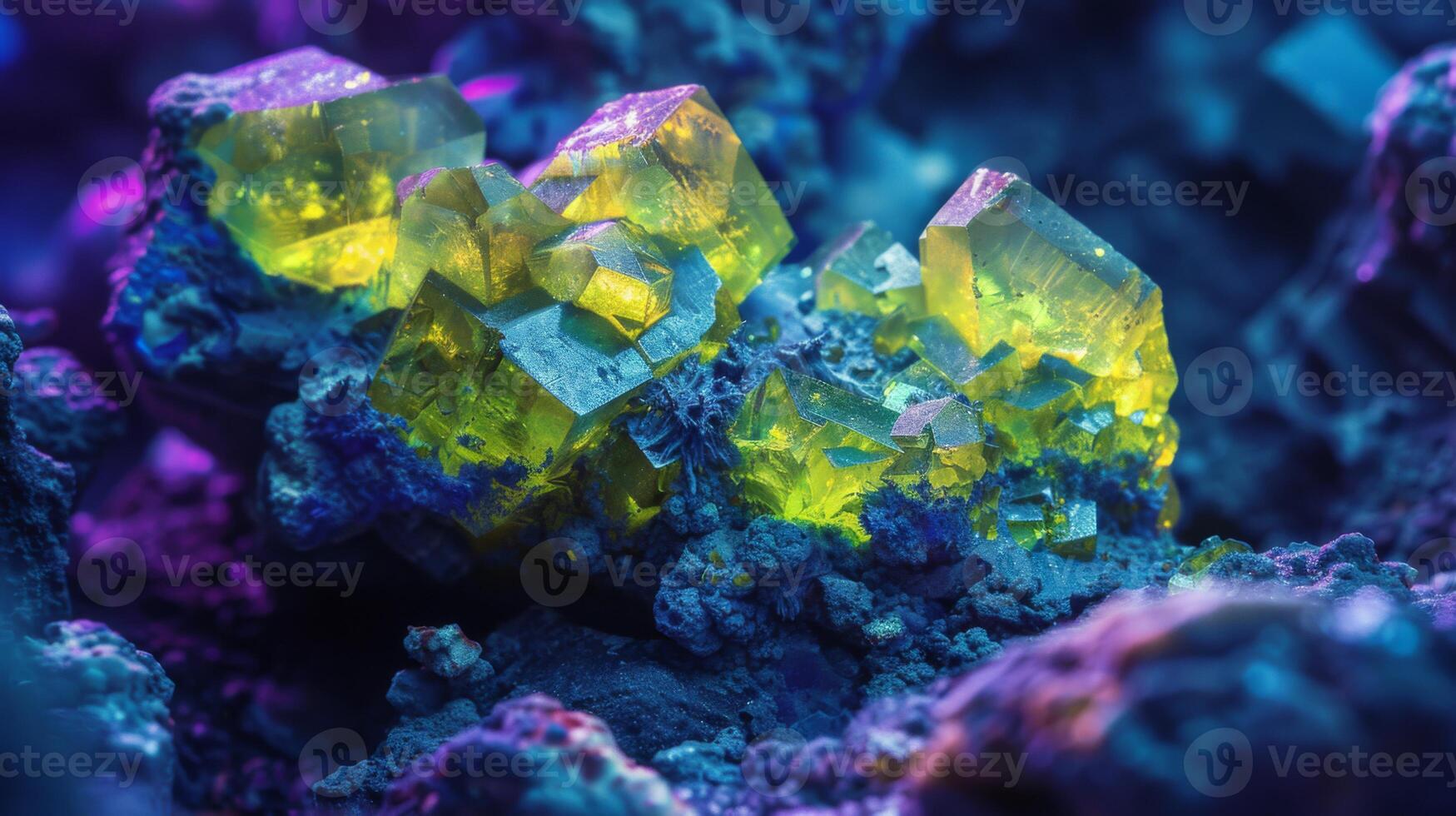 Fluorescent yellow crystals are vividly illuminated against a shadowy background, showcasing intricate formations and textures in a mesmerizing close up. photo