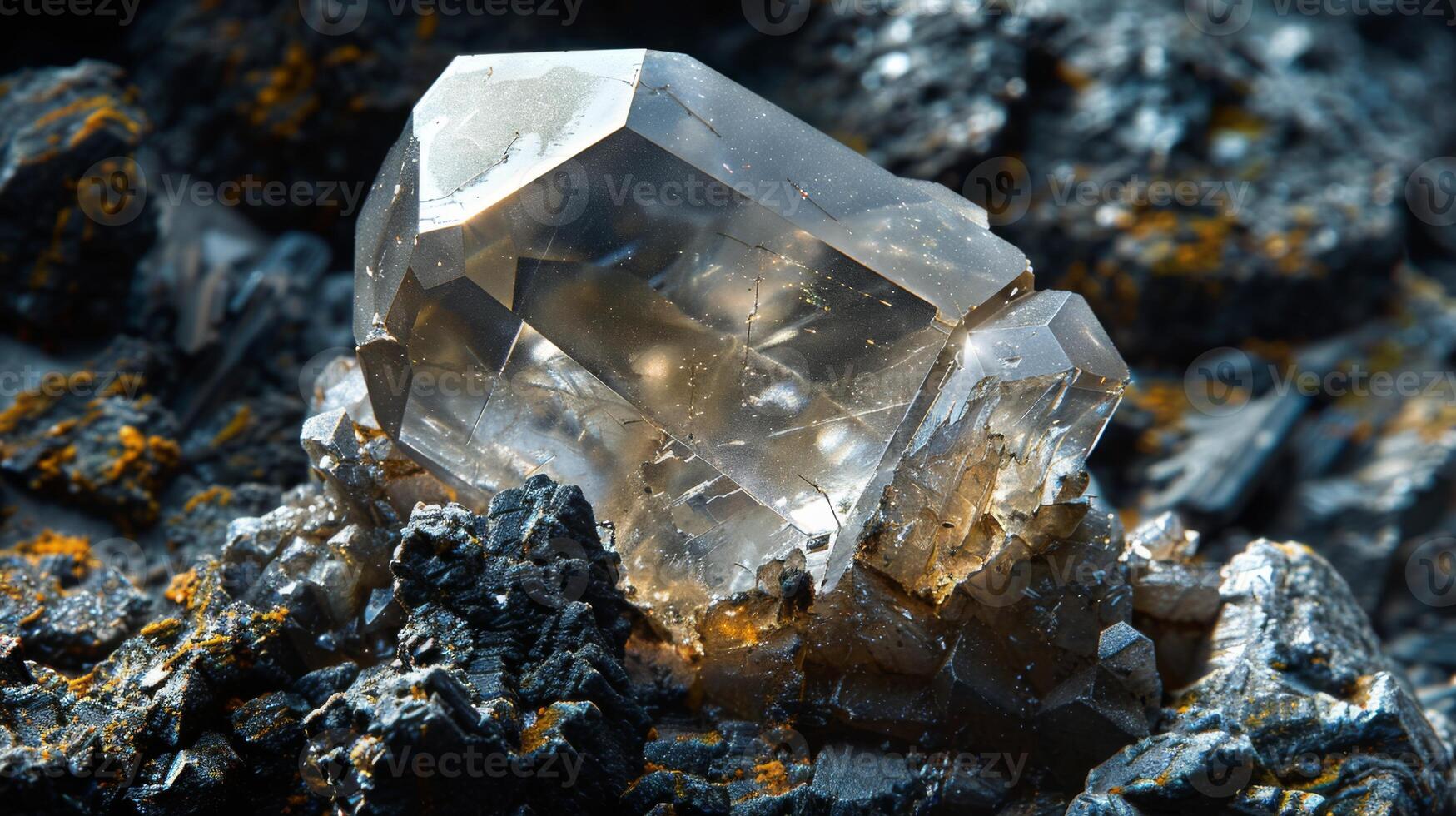 A striking crystal specimen displays its angular facets and clarity, resting on a textured mineral surface that highlights its beauty. Natural light enhances its visual appeal. photo