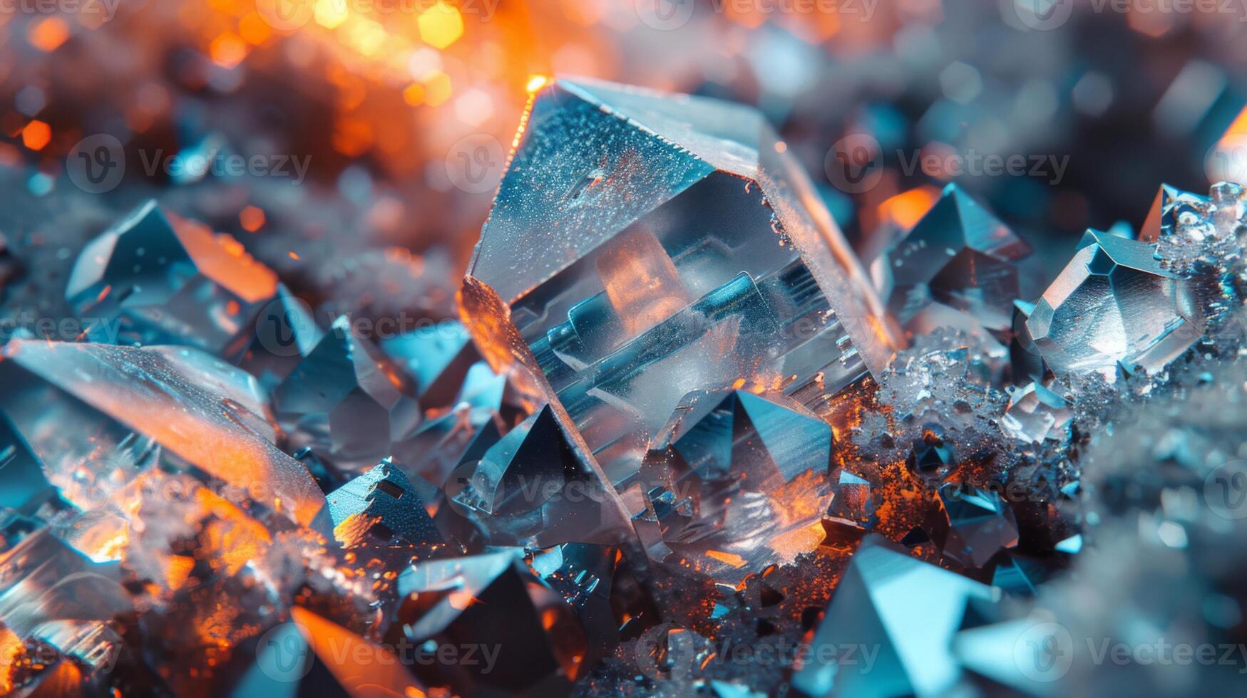 Intricate crystal formations emerge from a mineral base, reflecting a blend of warm and cool lighting that enhances their transparency and brilliance in a natural environment. photo