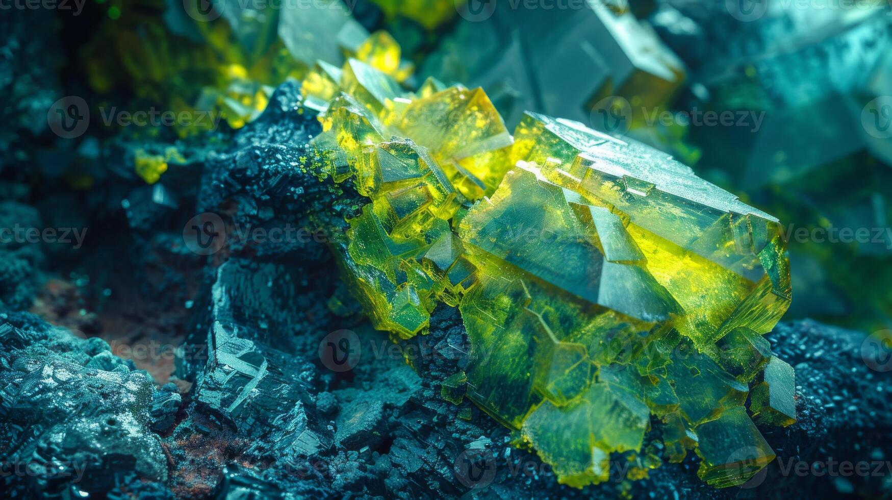 Intricate yellow crystals contrast sharply with the dark rock surrounding them, highlighting the beauty of natural mineral formations in a unique geological context. photo