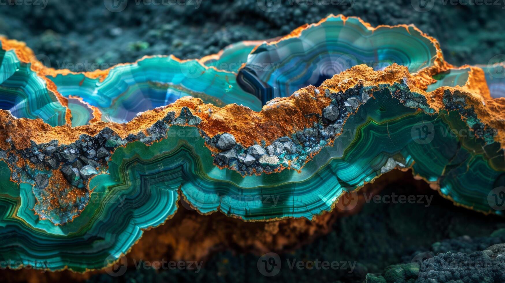 Vibrant layers of agate stone showcase rich blues and greens, highlighted by earthy tones, revealing intricate geological patterns during bright daylight near a rocky surface. photo