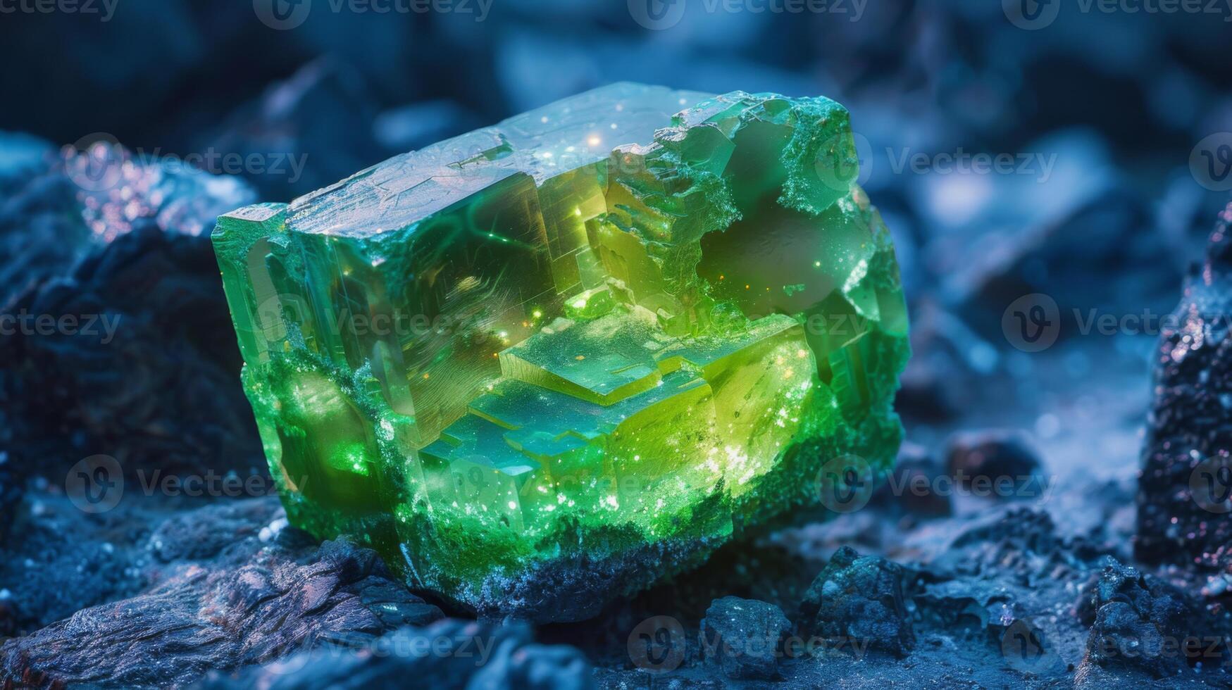 A vibrant green crystal is prominently displayed on textured dark rocks, reflecting soft light that enhances its colors. The natural environment creates an enchanting mood of tranquility. photo