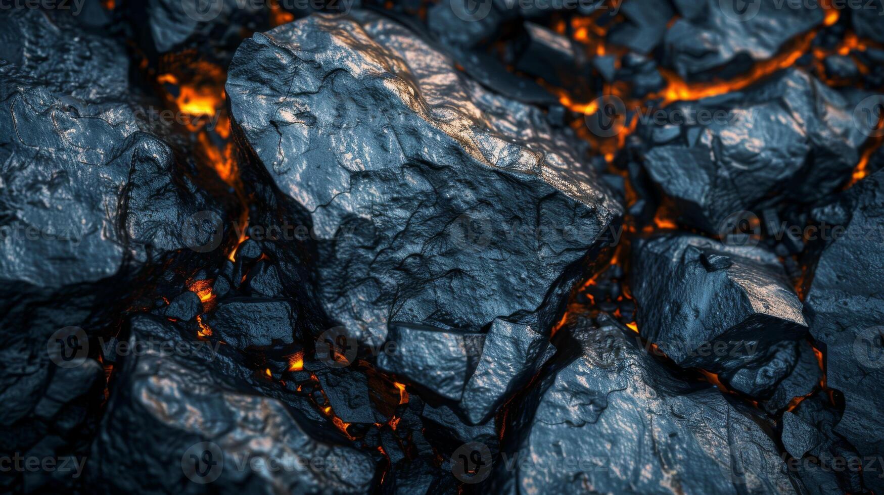 Rough lava rocks display dark textures while glowing molten lava seeps between them, highlighting a dramatic volcanic landscape formed by intense geological activity. photo