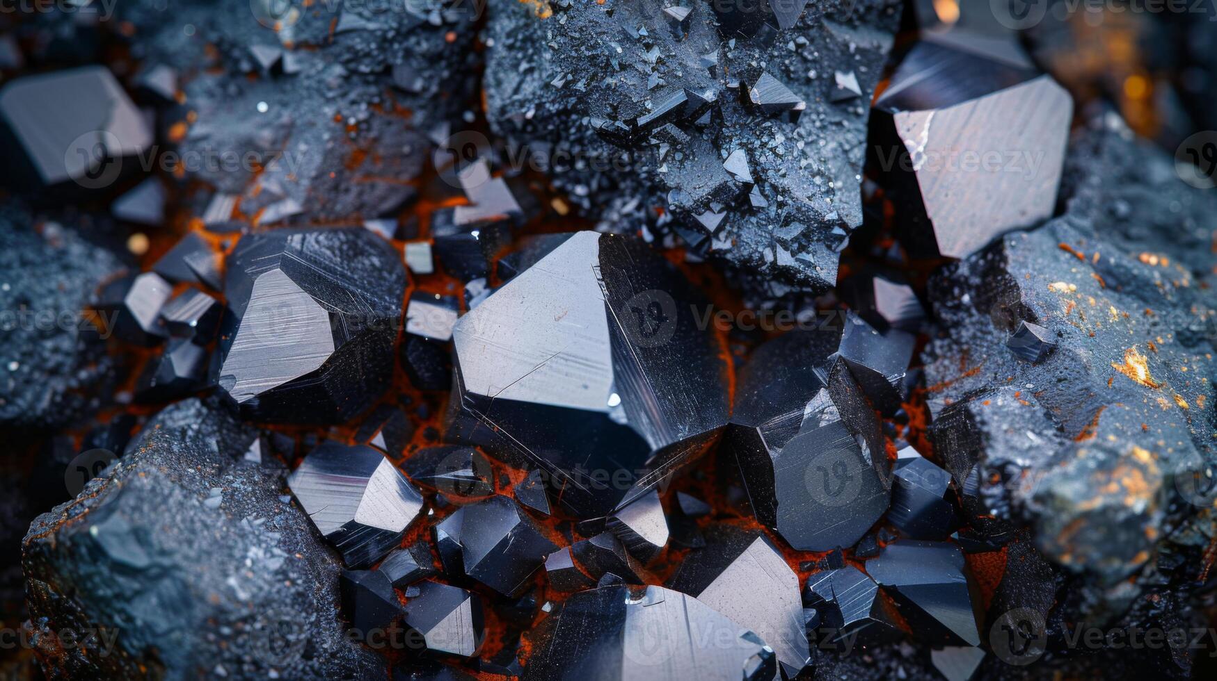 Shimmering black mineral crystals are scattered among rough dark stones, showcasing their facets and intriguing geometric structures in an impressive natural formation. photo