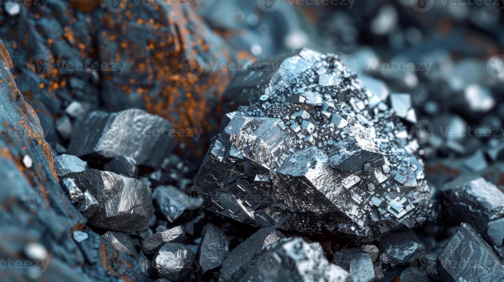 A striking display of minerals showcases sharp crystalline structures and a lustrous metallic surface, surrounded by rugged rocky terrain under bright sunlight. photo